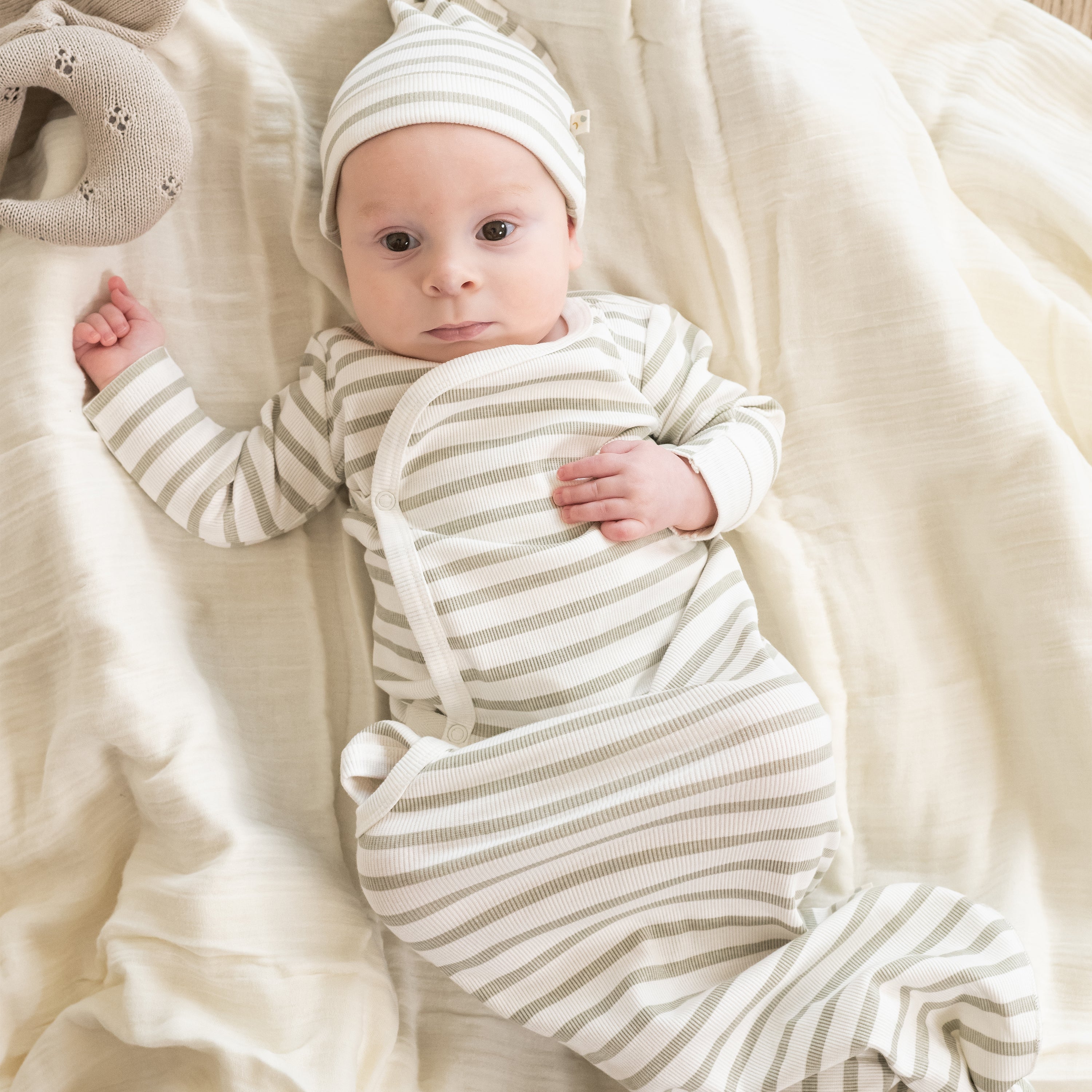Organic Kimono Knotted Sleep Gown - Sage Stripes