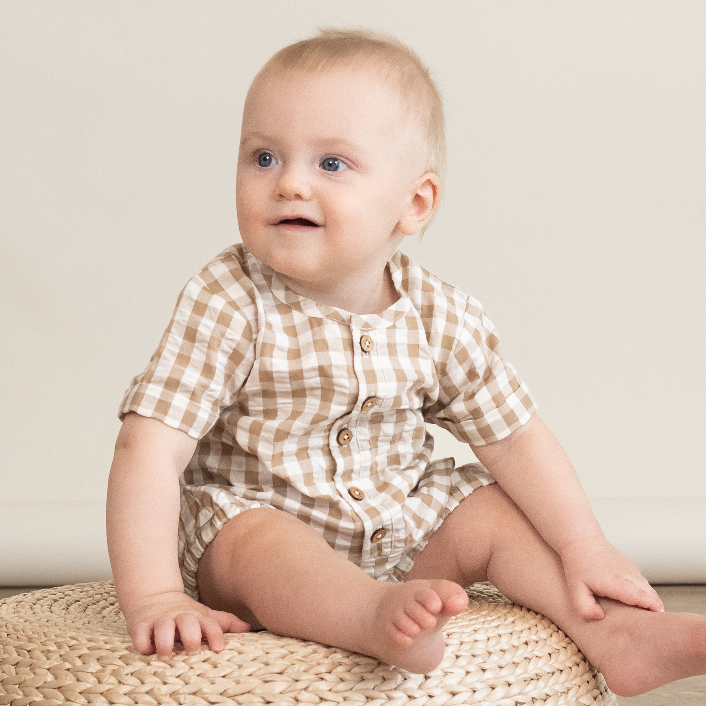 Organic Short Bubble Romper - Brown Chequered