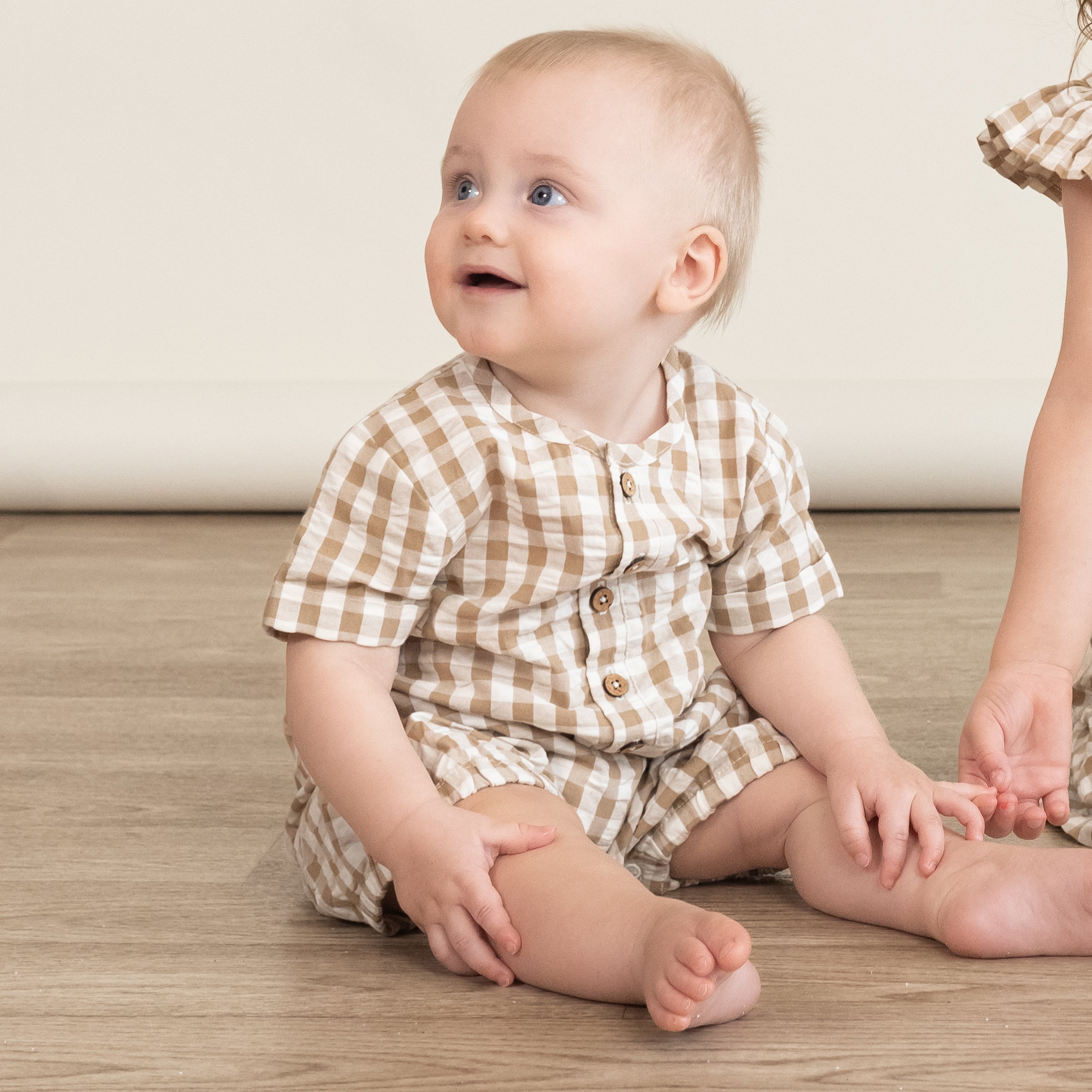 Organic Short Bubble Romper - Brown Chequered