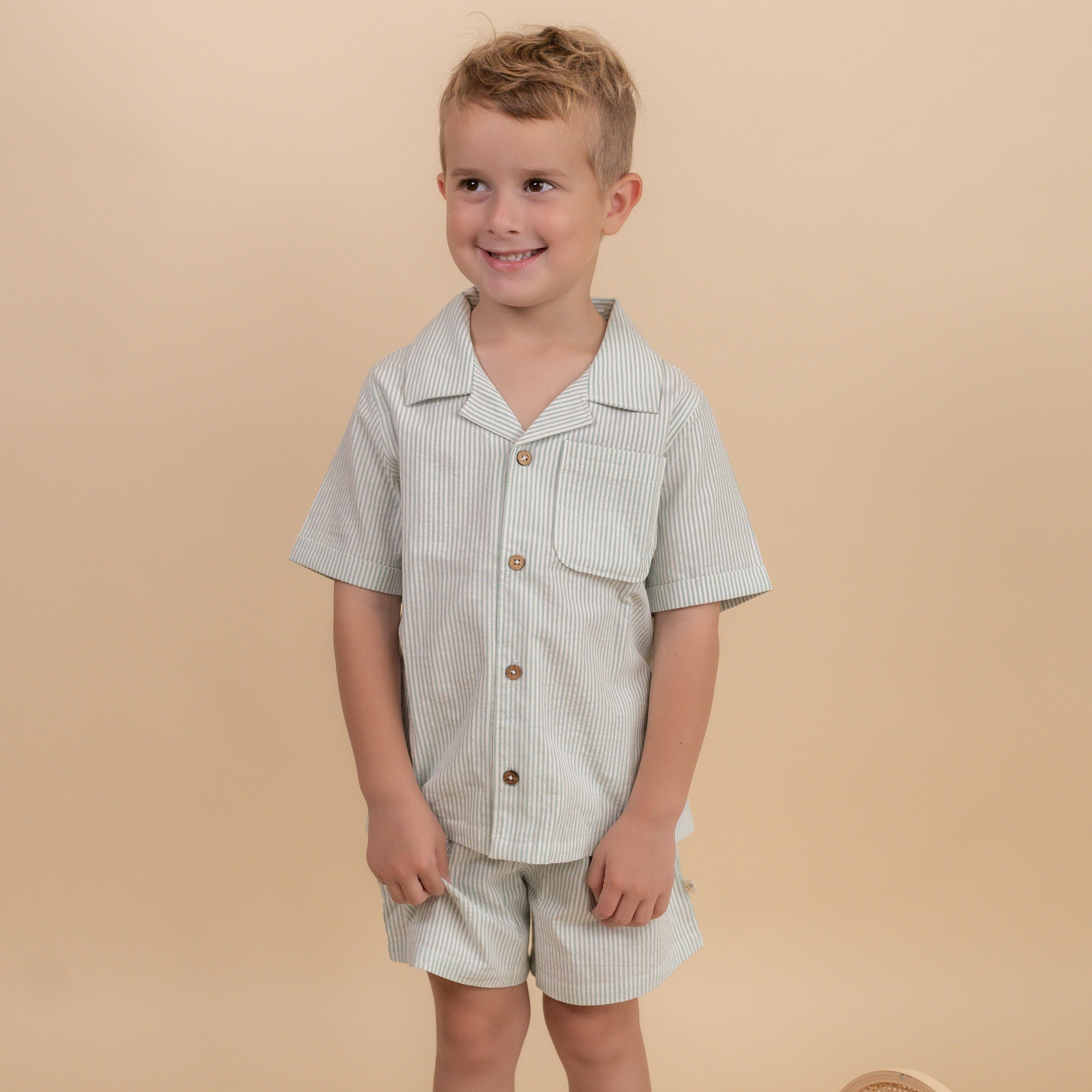 Organic Shirt & Shorts Set - Green Stripes