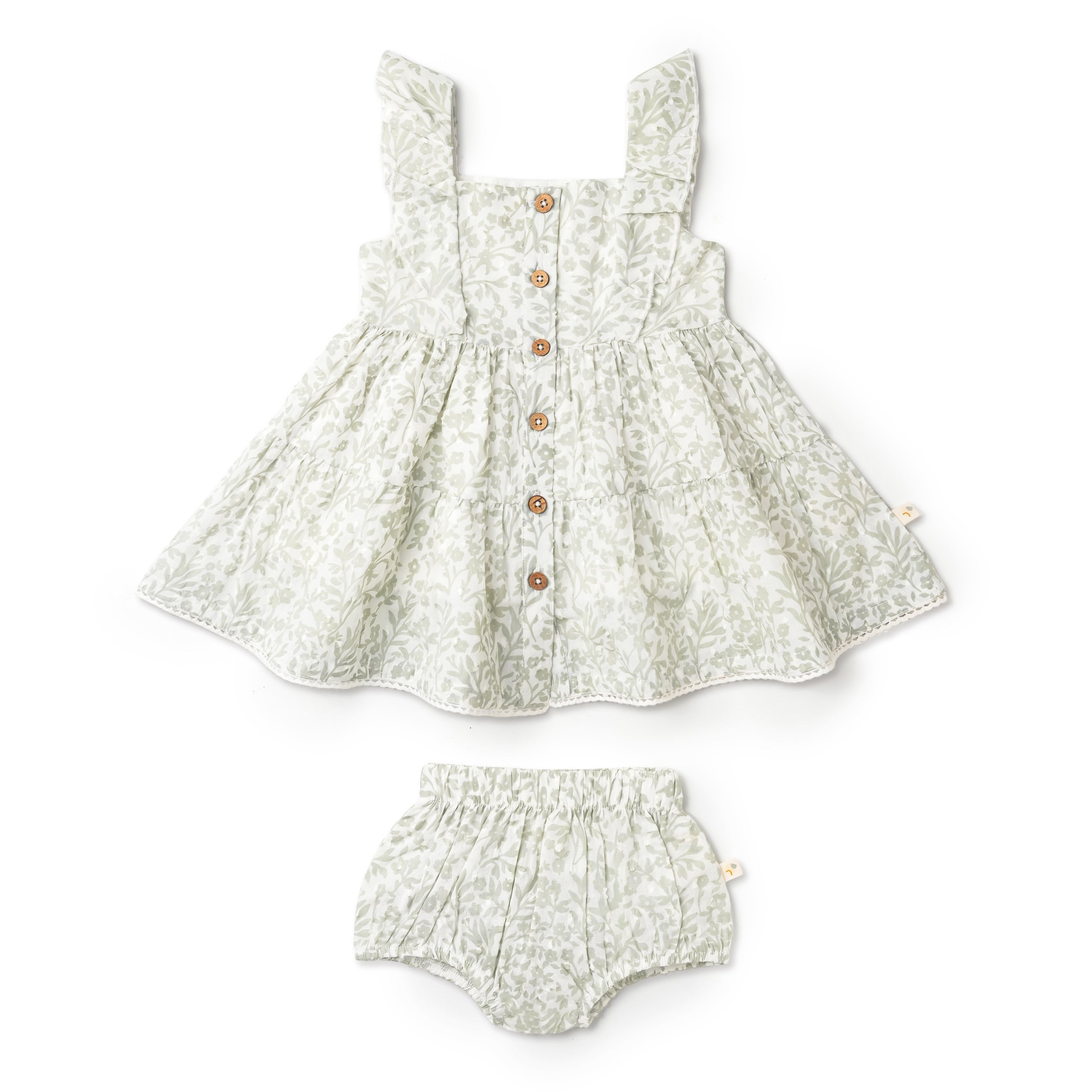 Organic Flutter Buttoned Tiered Dress - Sage Floral