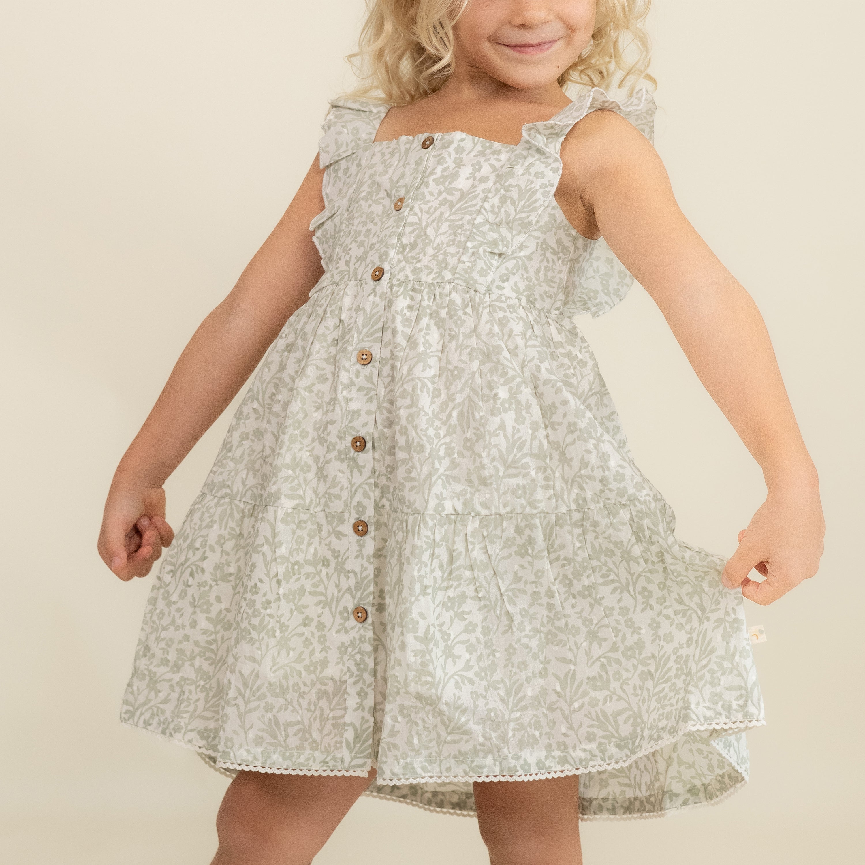 Organic Flutter Buttoned Tiered Dress - Sage Floral