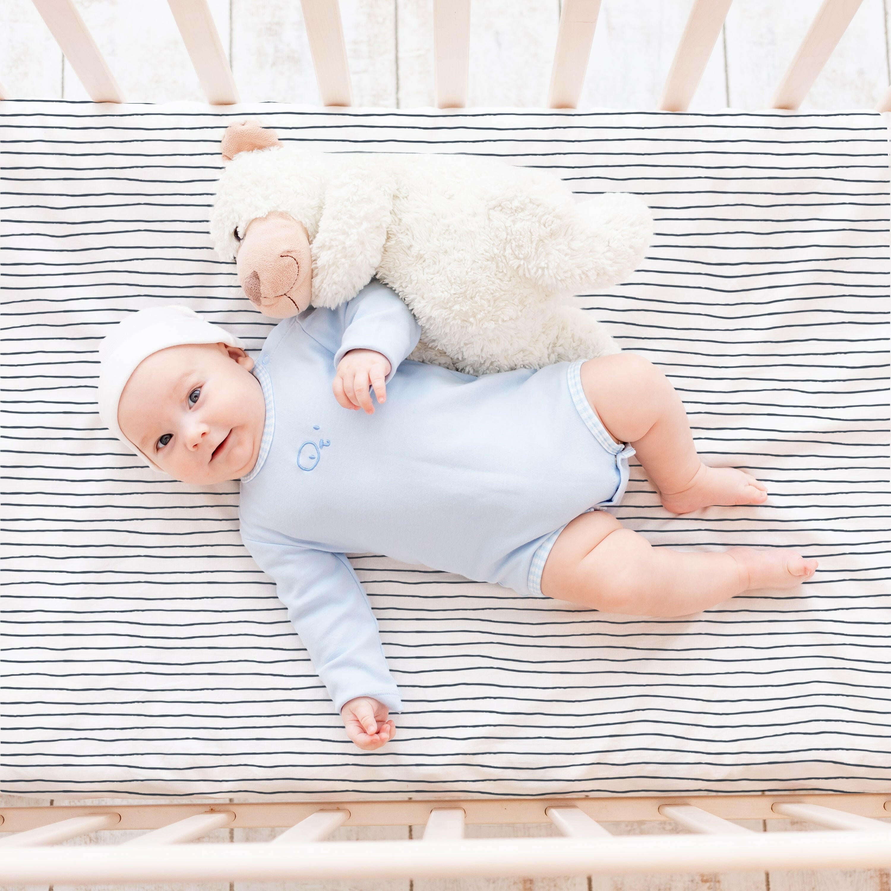 Organic Crib Sheet - Cobi Blue Stripes Crib Sheet Makemake Organics