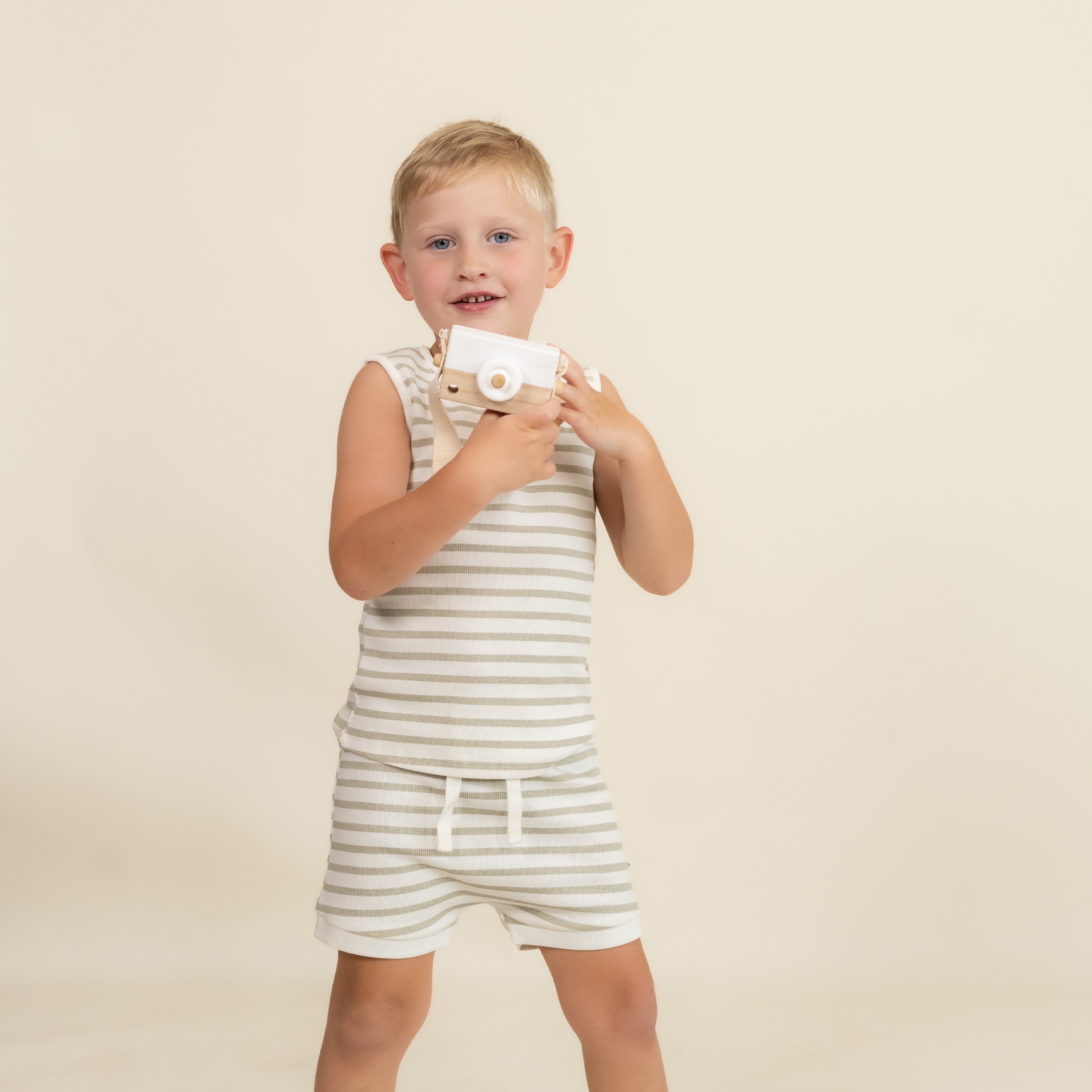 Organic Tank & Tee Shorts Set - Sage Stripes