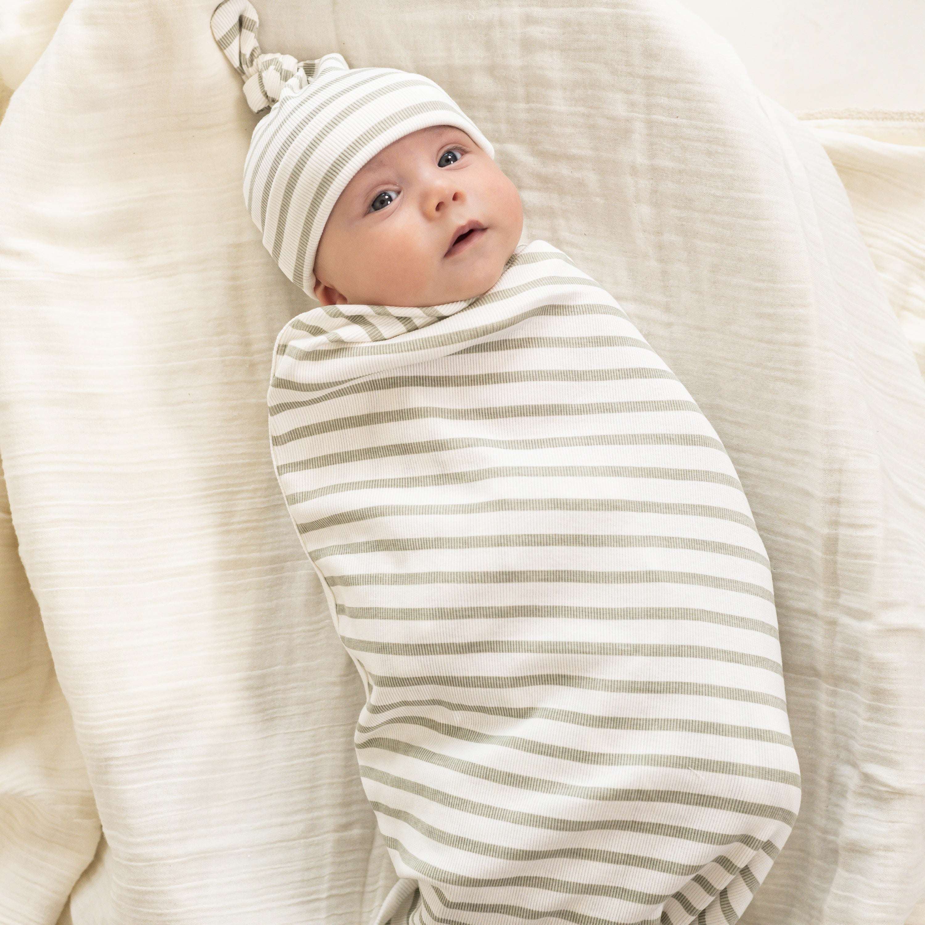 Organic Swaddle Blanket & Hat Set - Sage Stripes