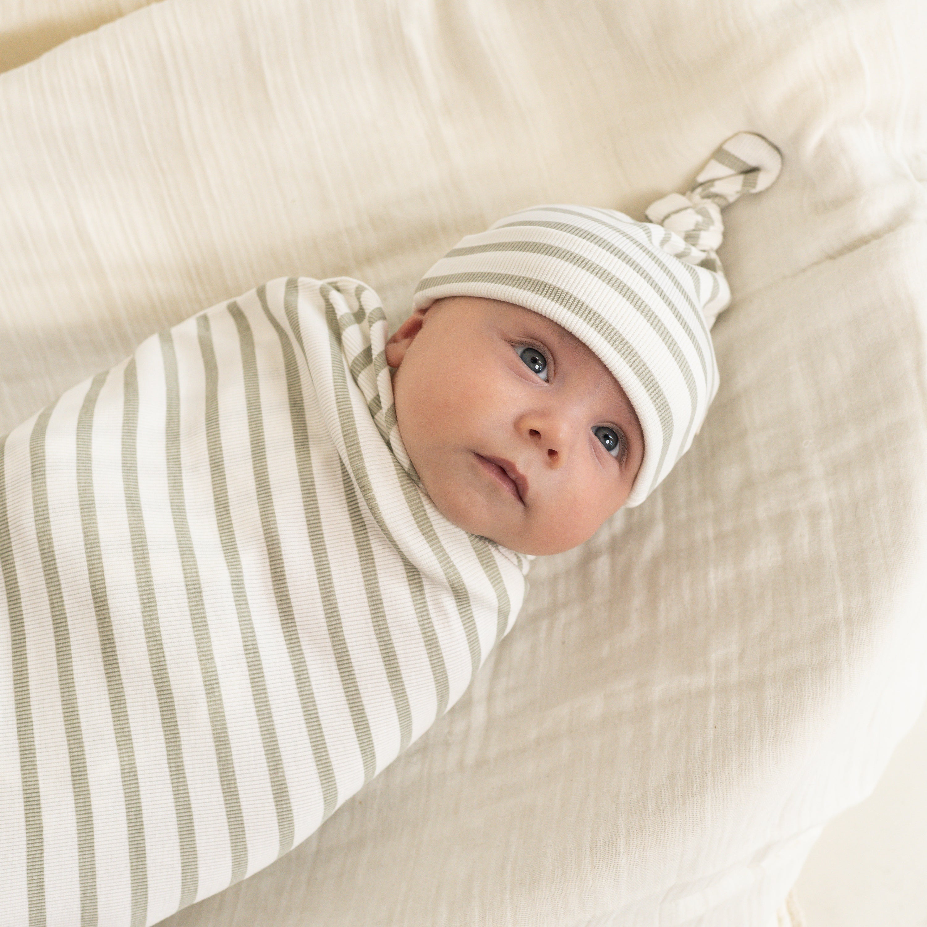 Organic Swaddle Blanket & Hat Set - Sage Stripes