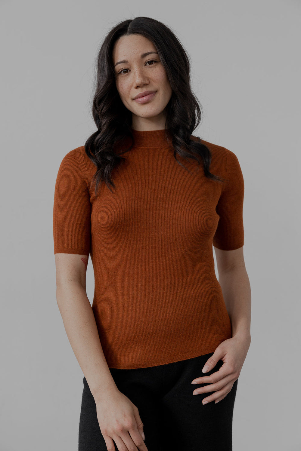 Mock Ribbed Pullover In Ultra Fine Alpaca Silk - Rust