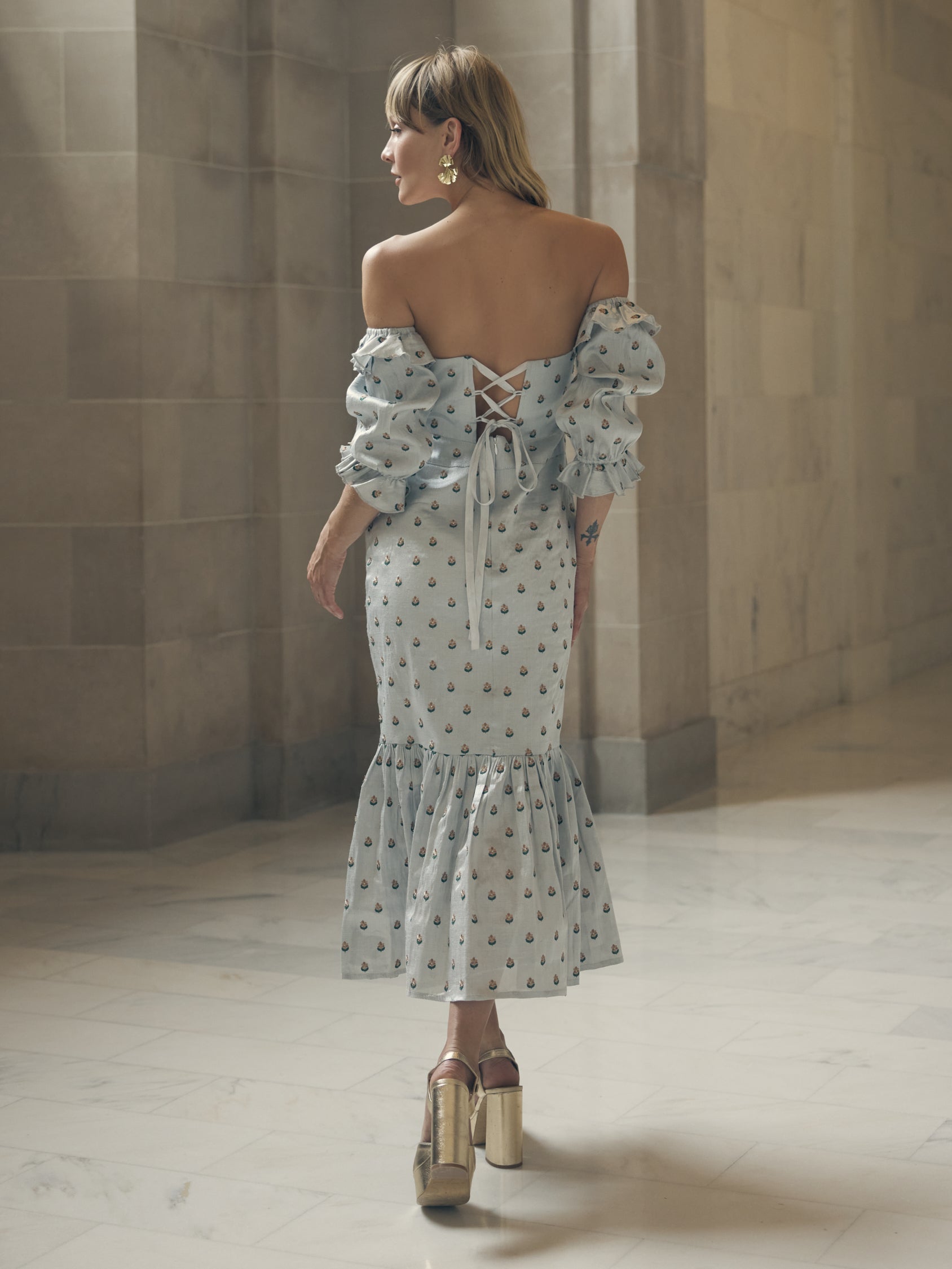 Desirae Embroidered Midi Dress - Light Silver/Micro Floral Embroidery