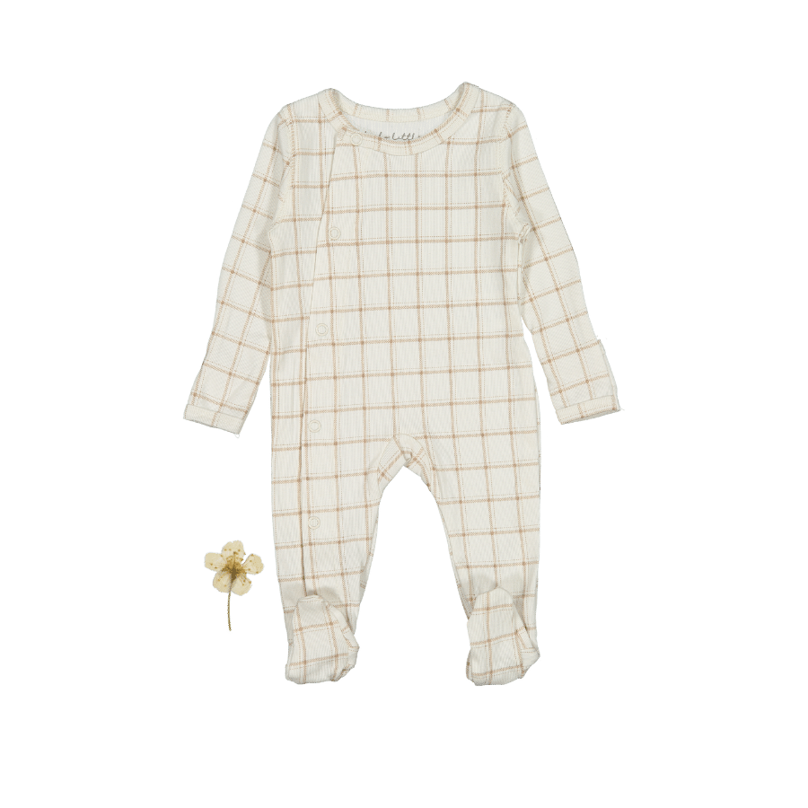 The Printed Snap Romper - Tan Grid Front Snap Romper Lovely Littles
