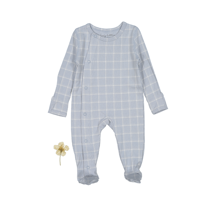 The Printed Snap Romper - Blue Grid Front Snap Romper Lovely Littles