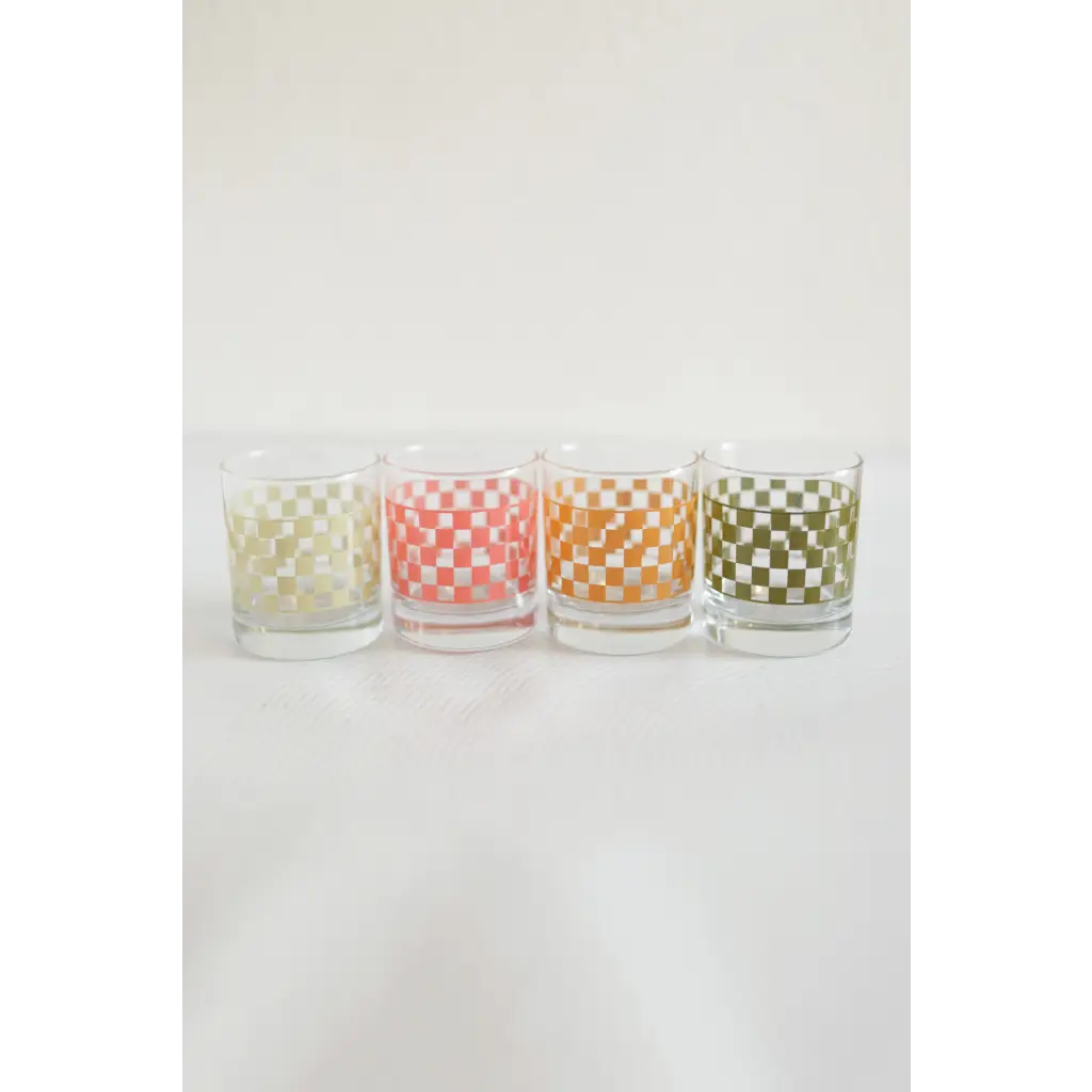 Checkered Cocktail Glass Set in Fun Colors with Small Imperfections
