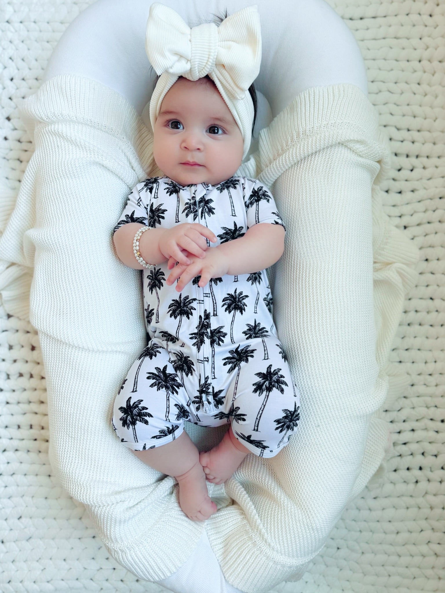 Bamboo Shorty Romper | Palm Style White