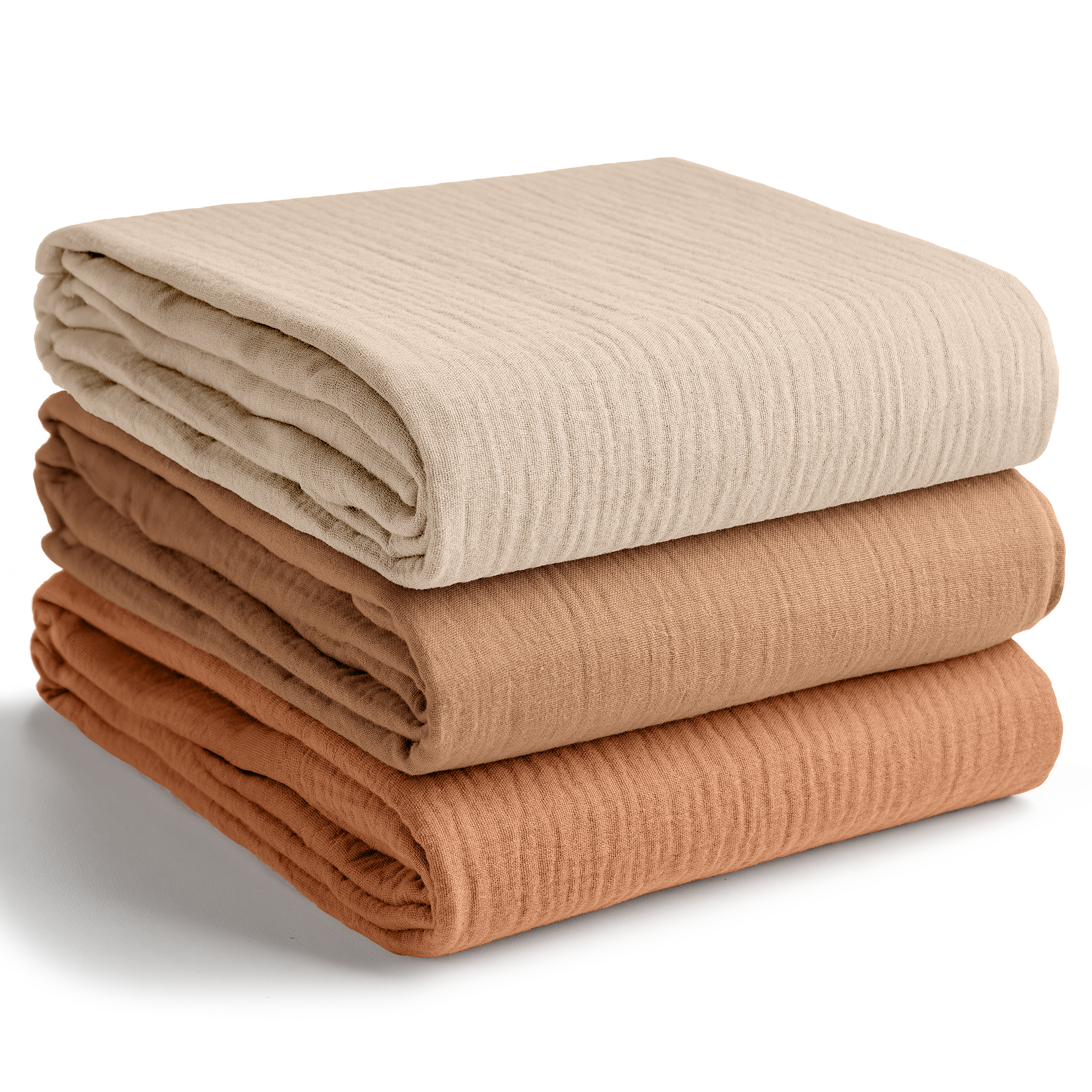 Muslin Swaddle Blankets, 42” x 42” (Sand, Cedar, Caramel, Pack of 3)