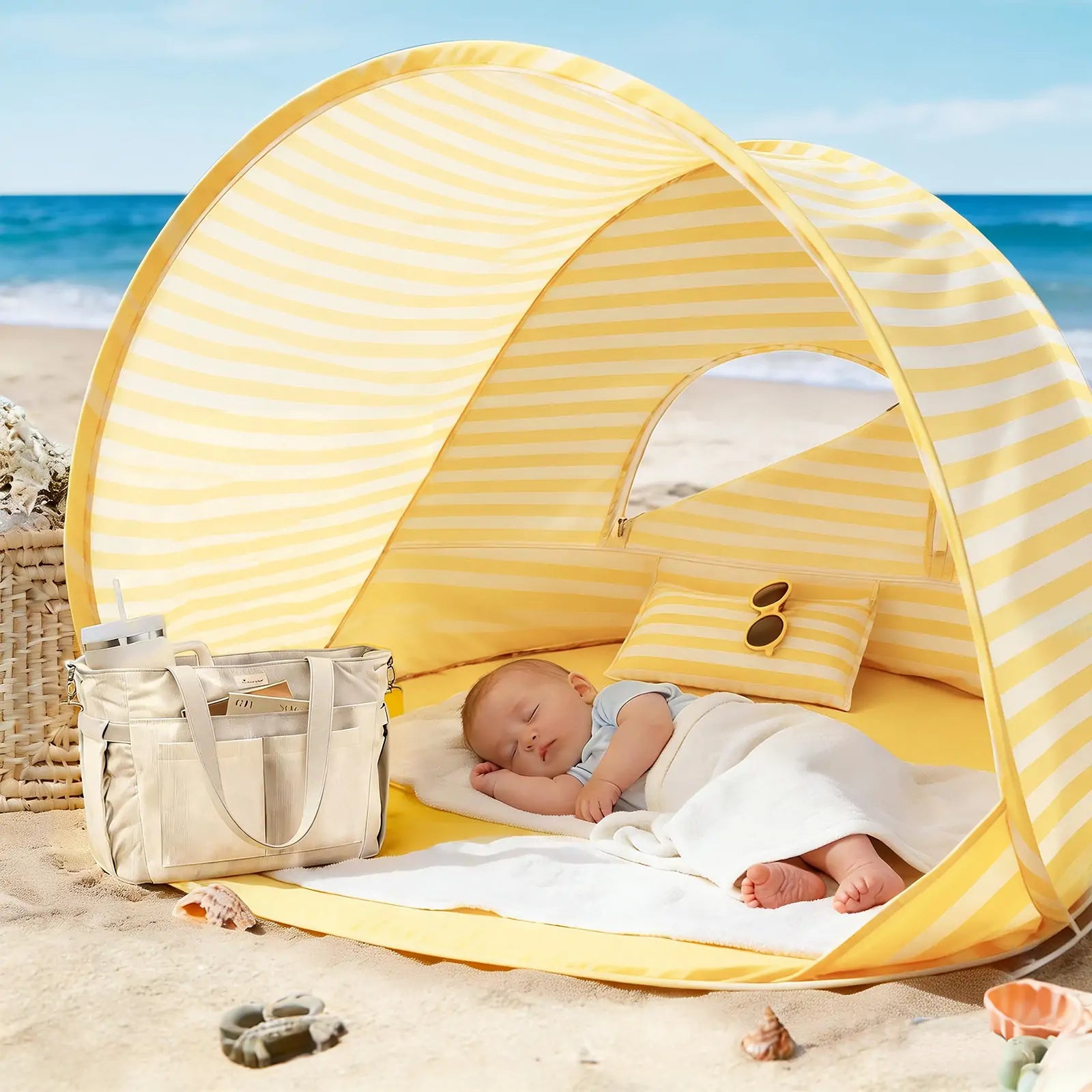 Tiny Land® One-Stop Beach Toy & Tent Set – Pastel Yellow Stripes