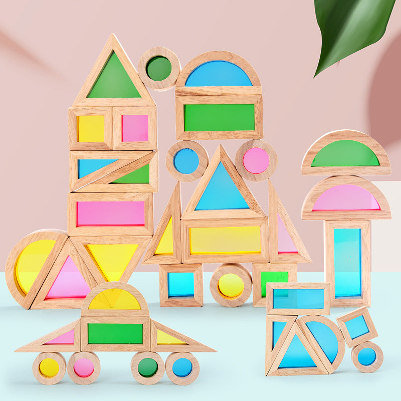 **Pre-order (Ships in 2-3 Weeks)**24 Pcs Rainbow Acrylic Sensory Wooden Building Blocks