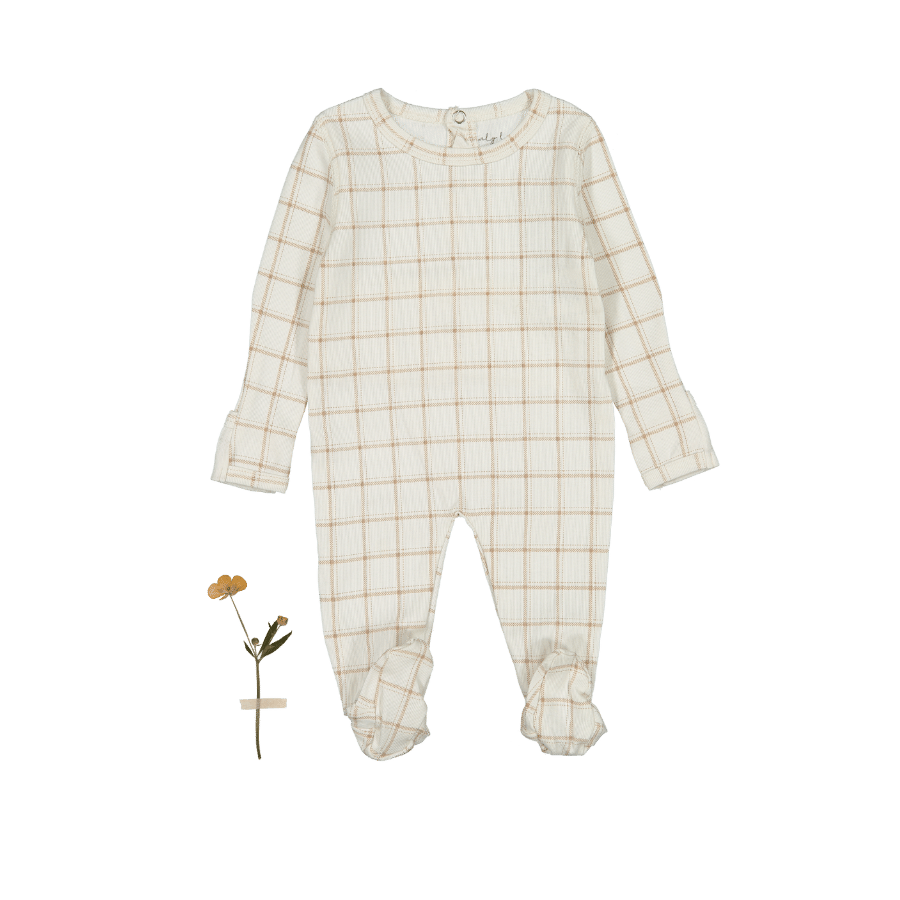 The Printed Romper - Tan Grid Back Snap Romper Lovely Littles