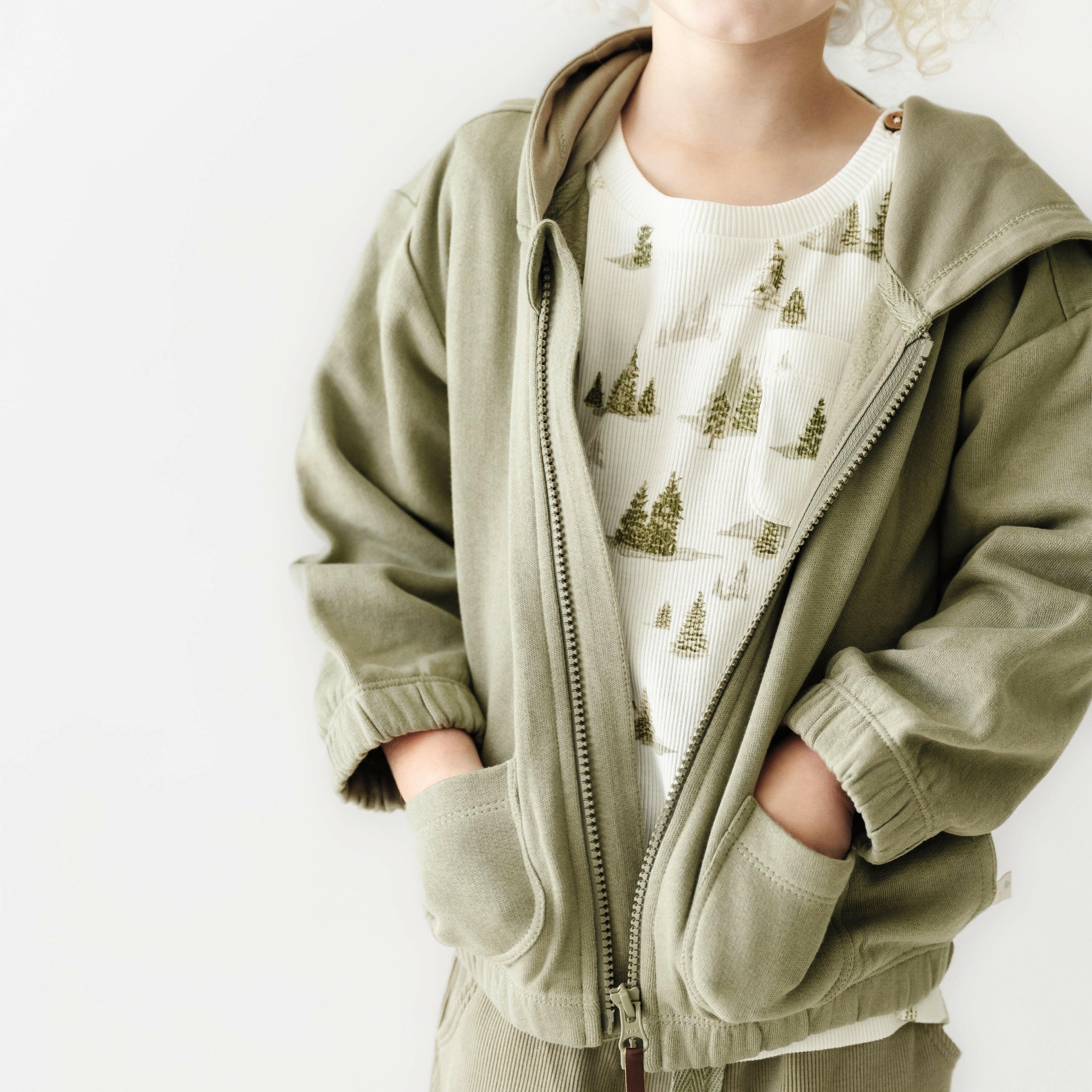 Organic Baby Toddler Hooded Jacket - Olive Fleece Jacket Makemake Organics