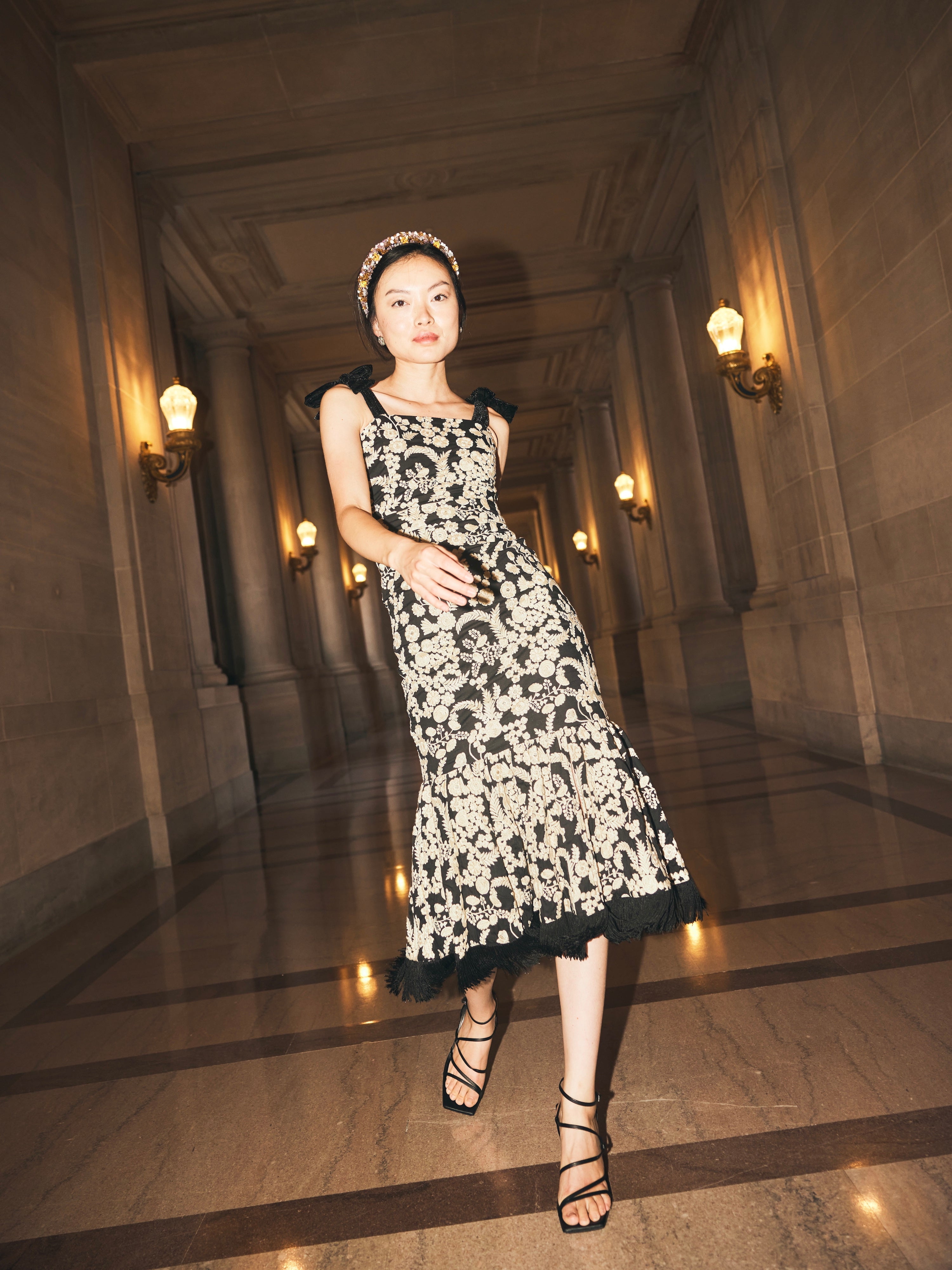 Doris Embroidered Fringe Midi Dress - Midnight/Cream Floral embroidery