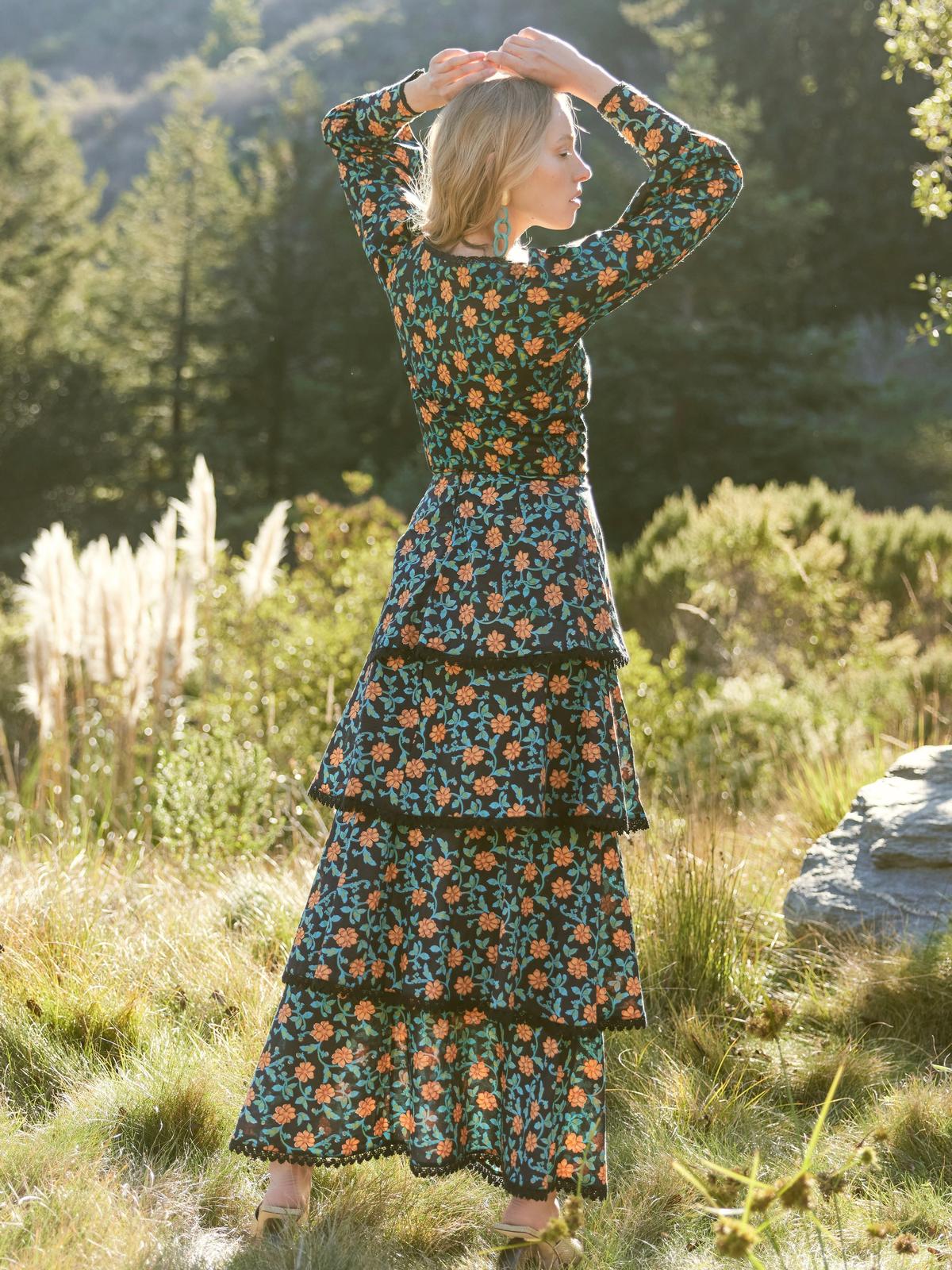 Victoria Embroidered Top - Faded Black/Bright Clementine & Moss Floral - FINAL SALE