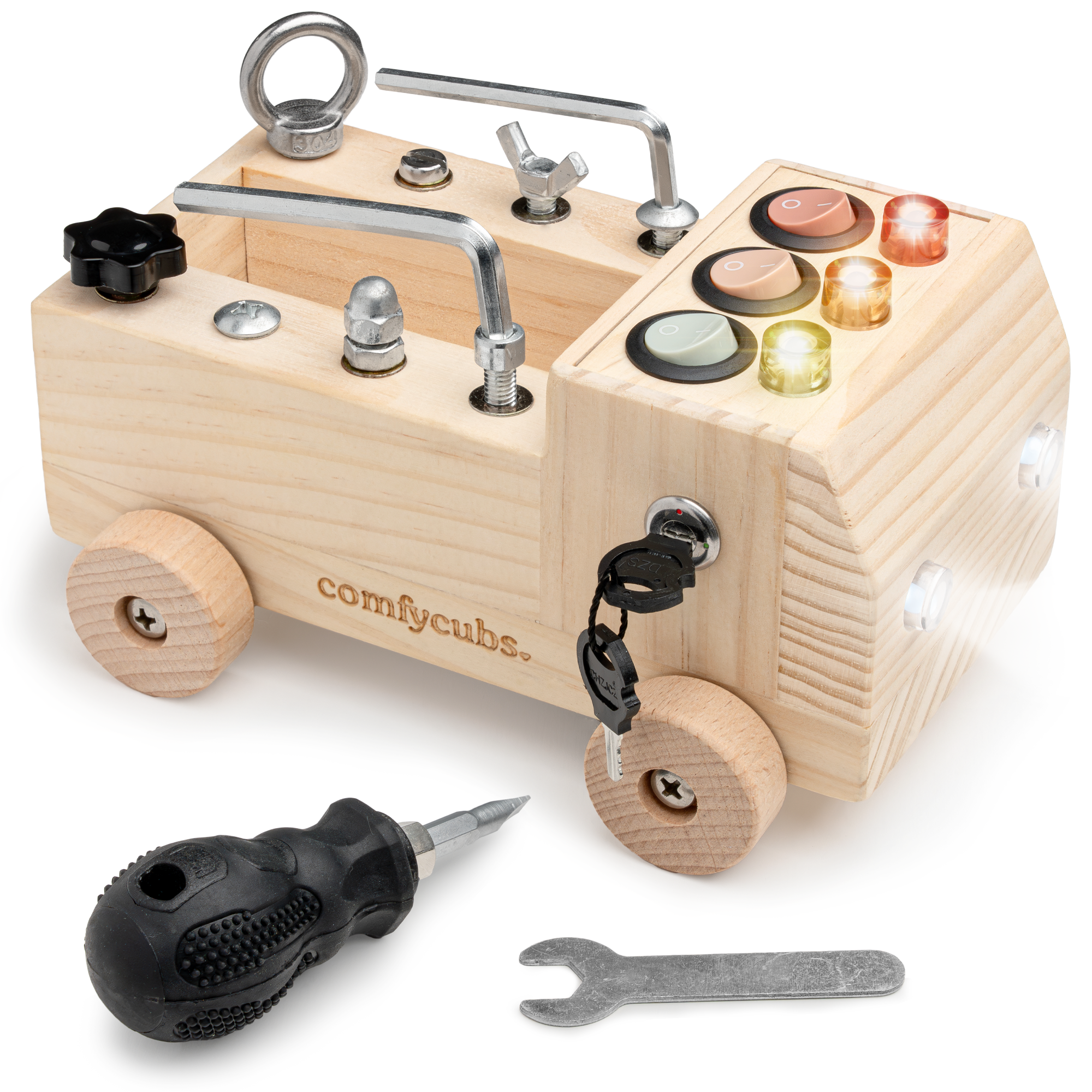 Busy Board Toy Truck Set for 3+ in Natural Wood