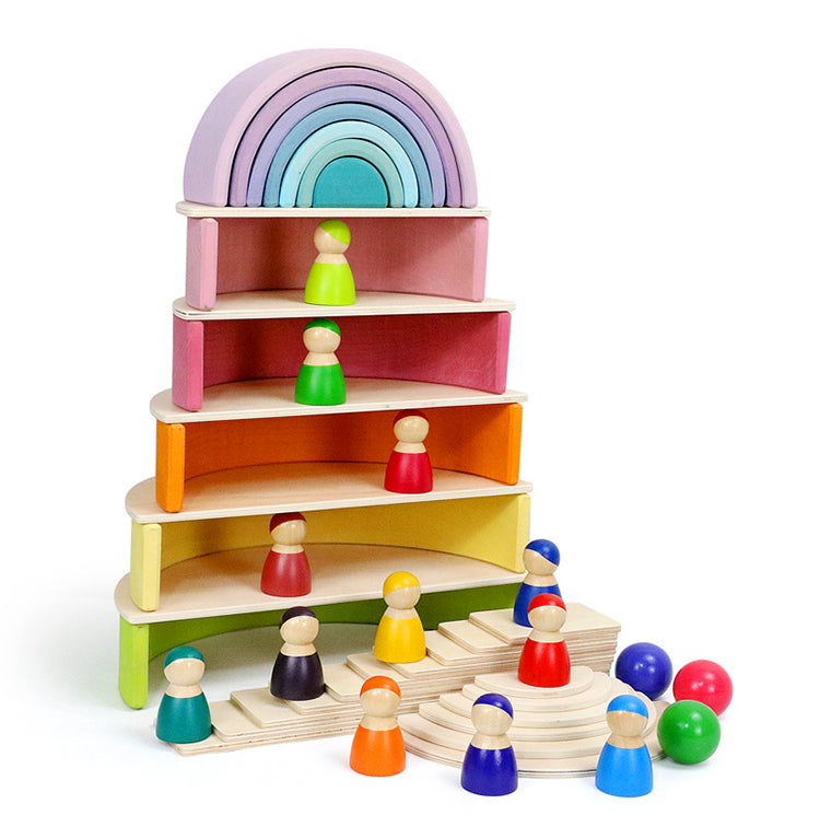 **Pre-order (Ships in 1-2 Weeks)**12-Piece Large Wooden Rainbow Stacking Blocks – Pastel / Macaron Colors