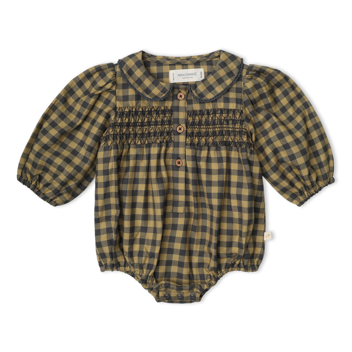 Organic Smocked Long Sleeve Bubble Romper - Olive Gingham