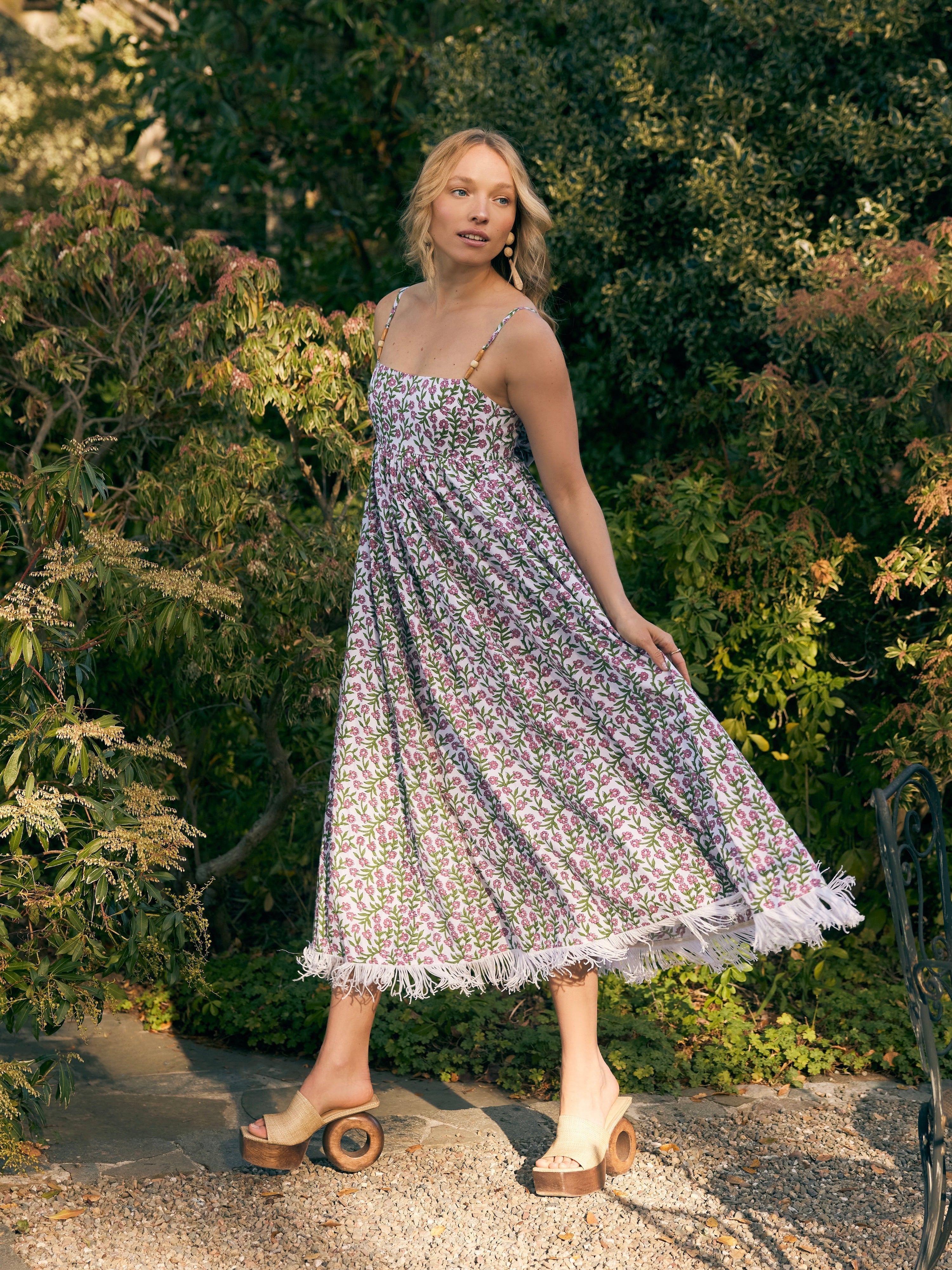 Gavin Fringe Midi Dress - Ivory/Amaranth Floral print