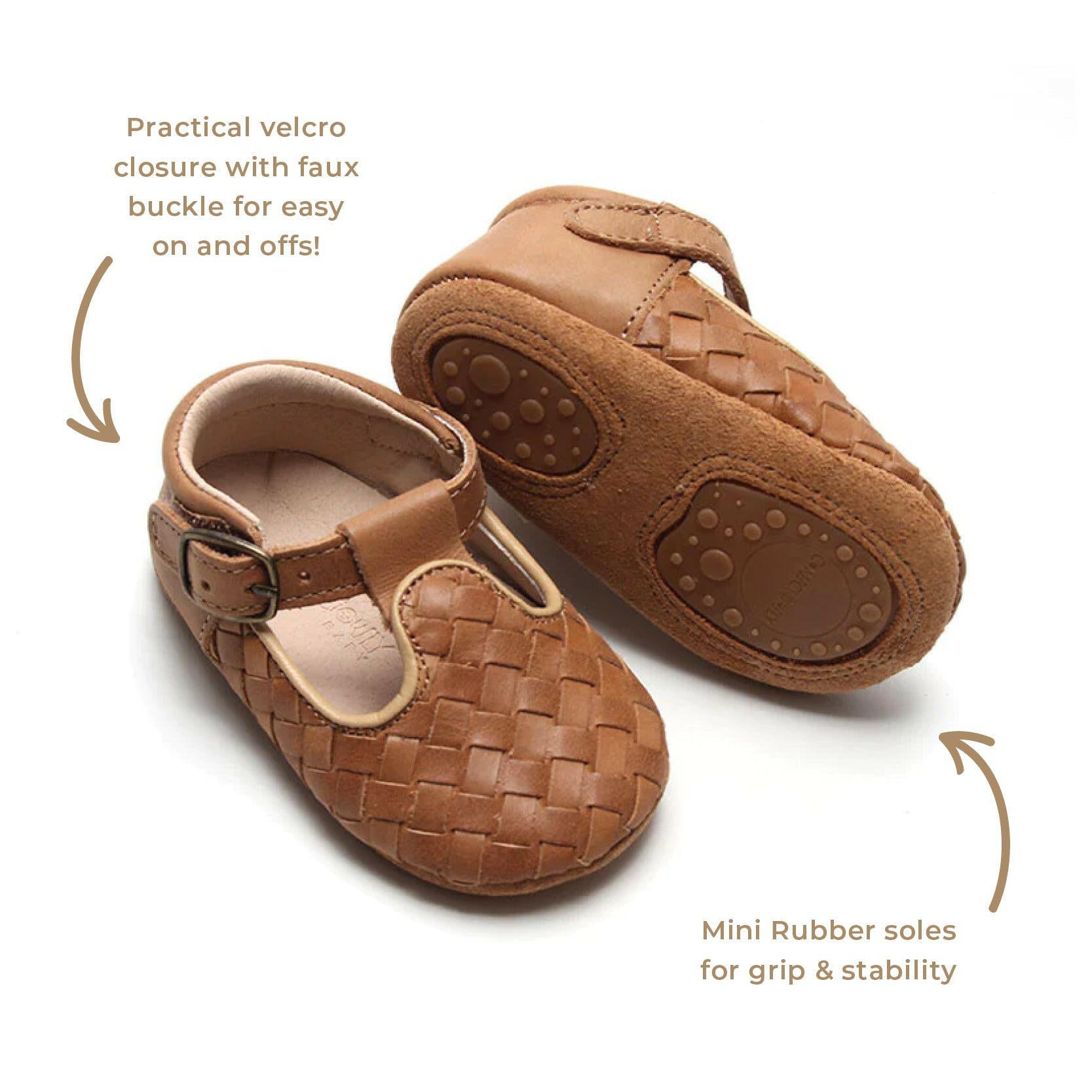 Leather Woven T-Bar | Color 'Walnut' | Soft Sole  Consciously Baby