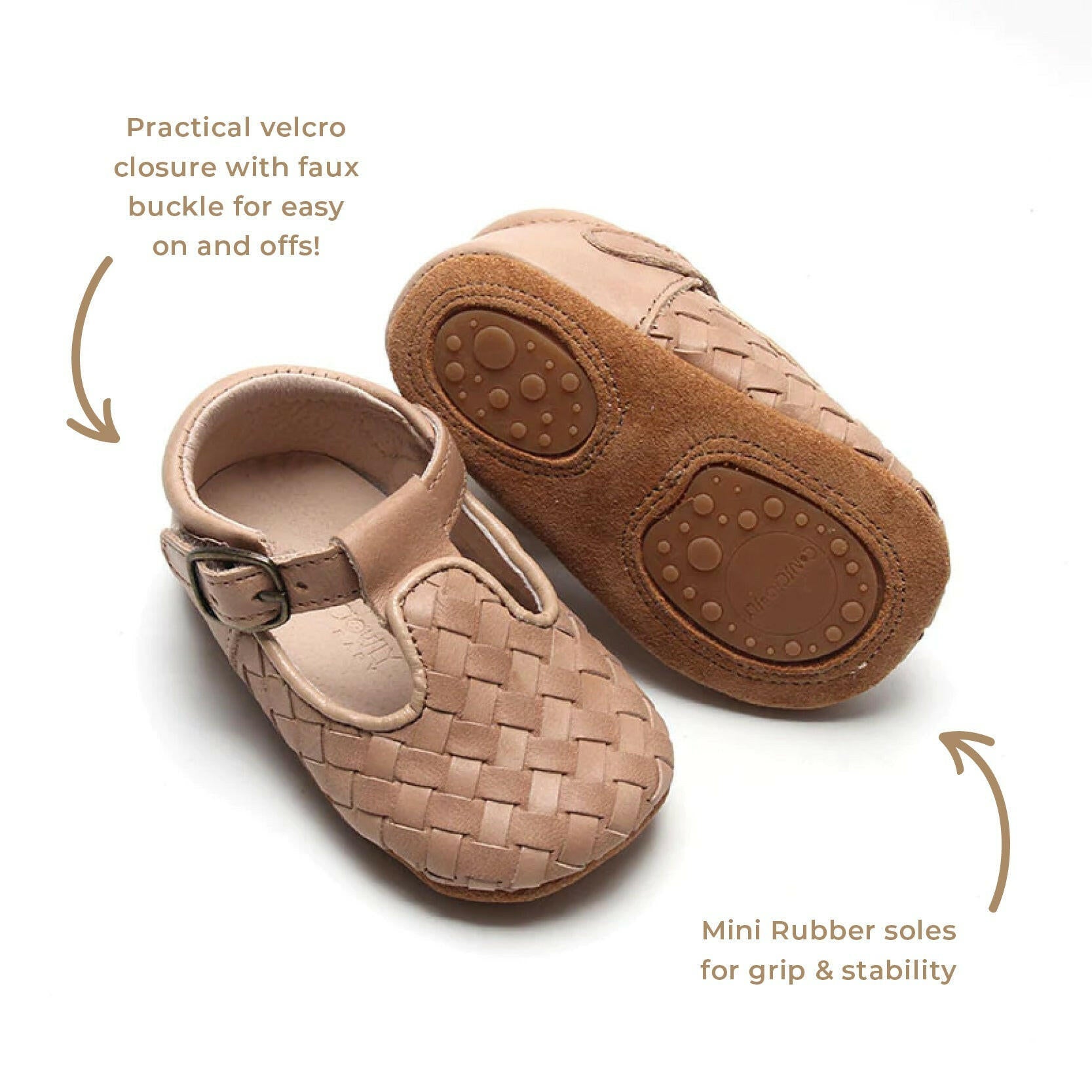 Leather Woven T-Bar | Color 'Stone' | Soft Sole Consciously Baby