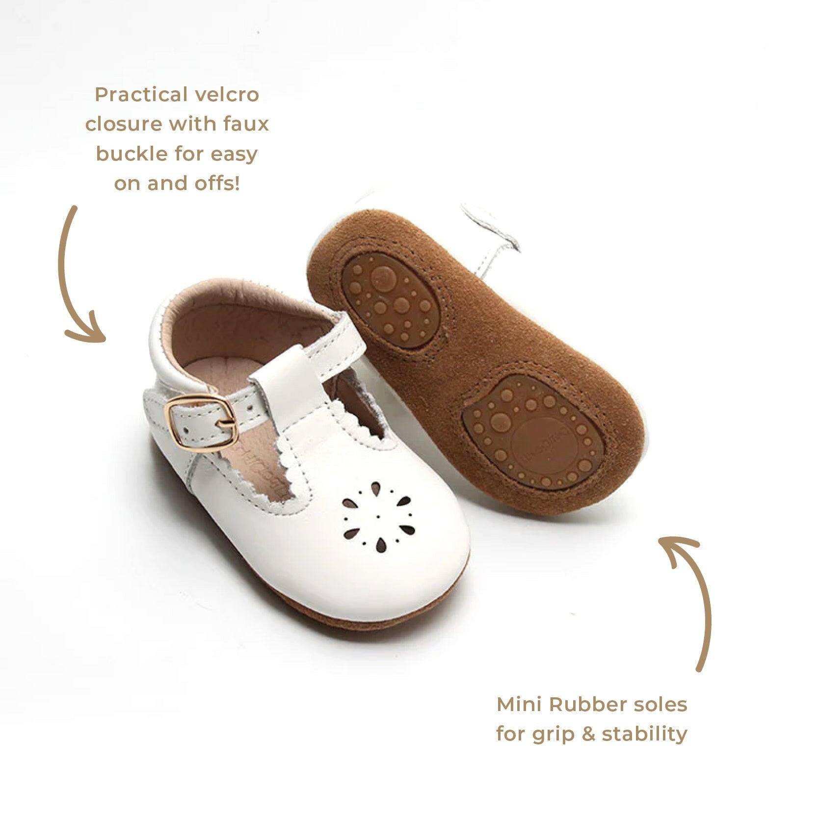 Leather Petal T-Bar | Color 'Cotton White' | Soft Sole Consciously Baby