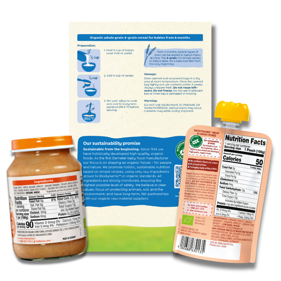Fruit & Grain Variety Bundle: Panda Peach, Mixed Fruit w/ Muesli Jars, 4-Grain Cereal