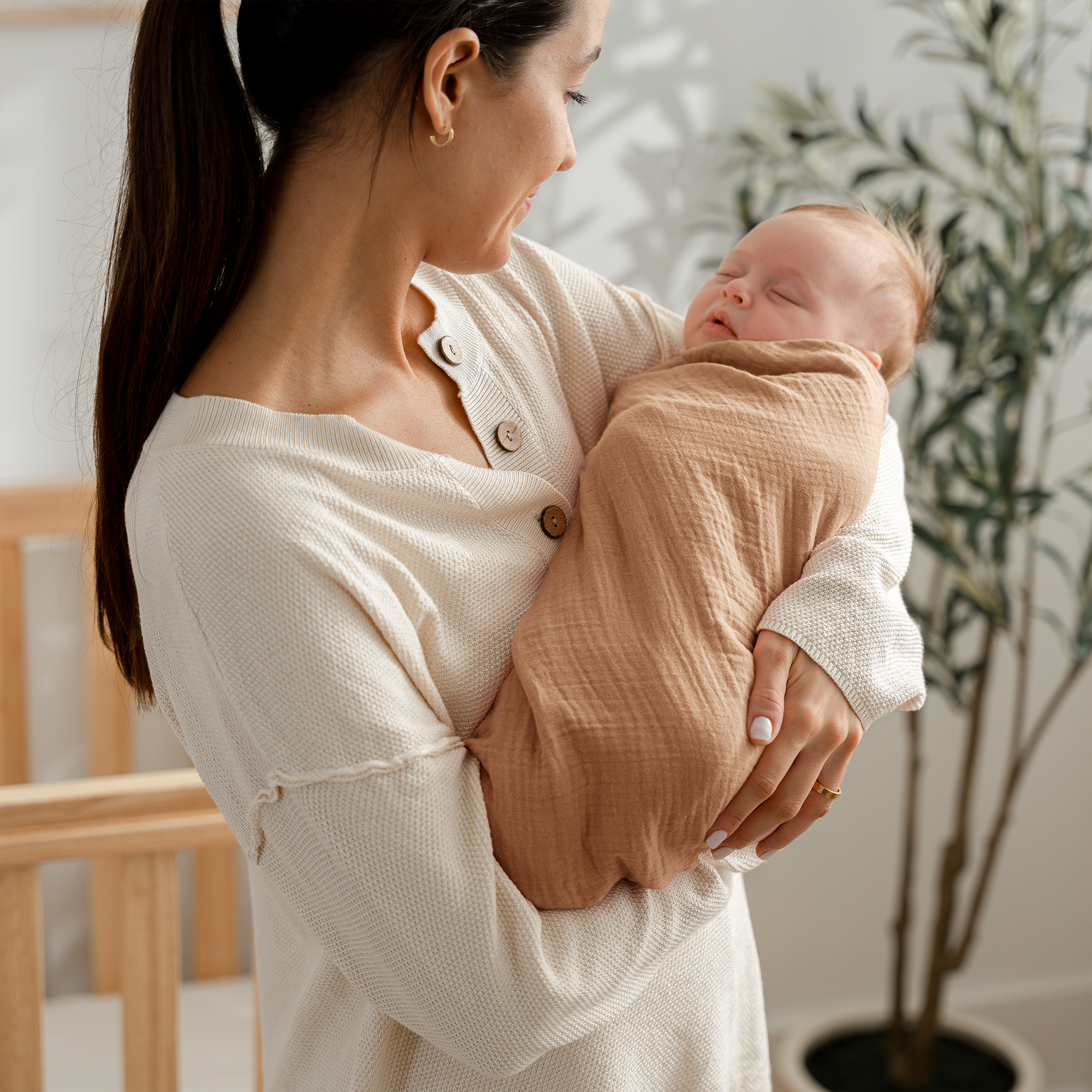 Muslin Swaddle Blankets, 42” x 42” (Sand, Cedar, Caramel, Pack of 3)