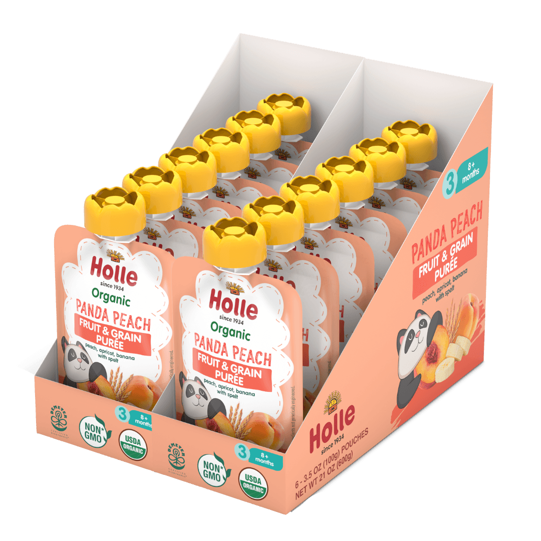 Holle Baby Food Pouches - Organic Fruit & Grain Puree - Panda Peach