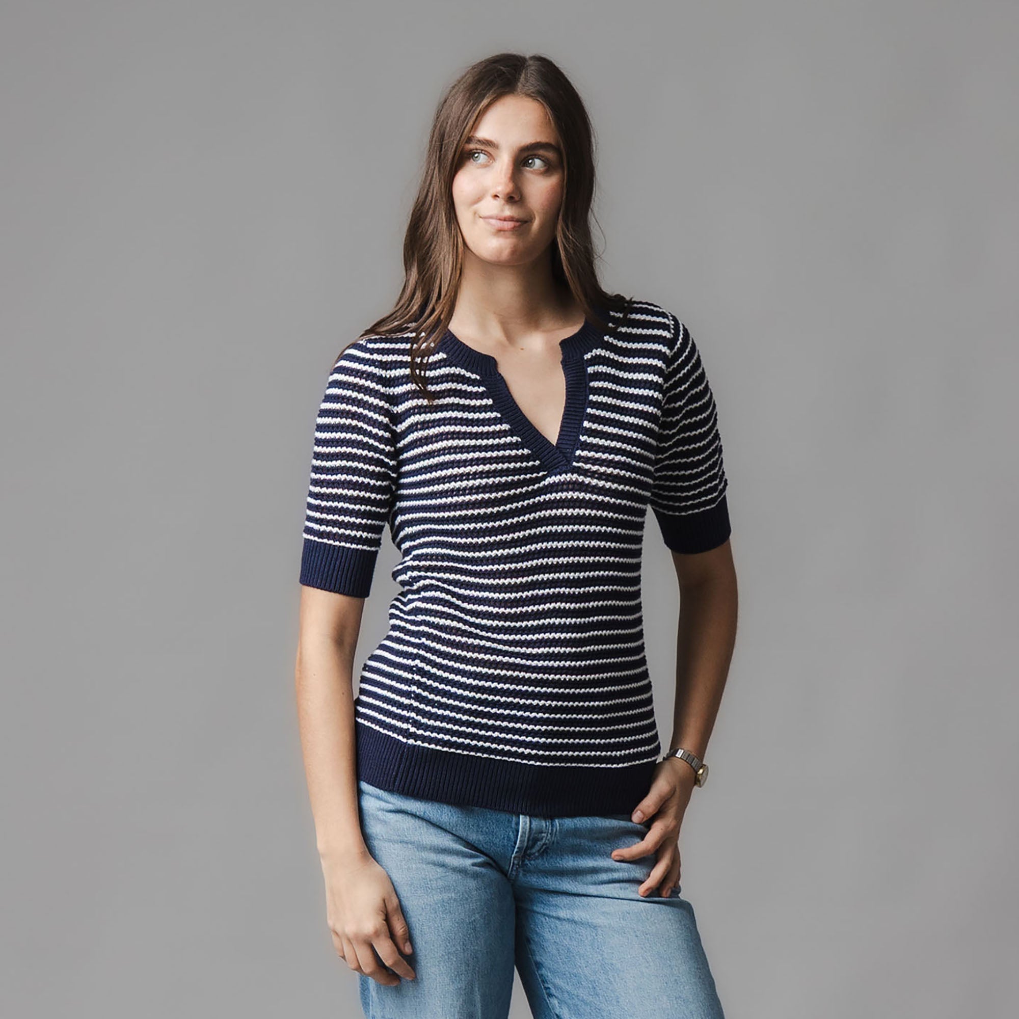 Organic V-Neck Short Sleeve Sweater