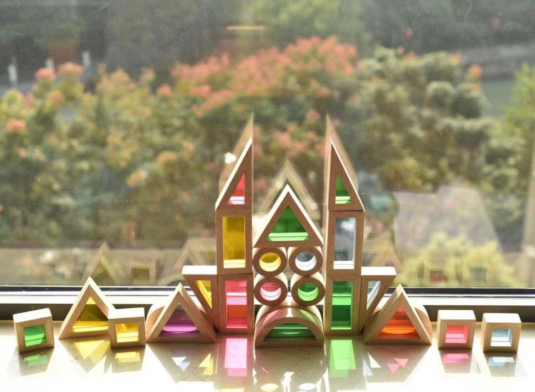 **Pre-order (Ships in 2-3 Weeks)**24 Pcs Rainbow Acrylic Sensory Wooden Building Blocks
