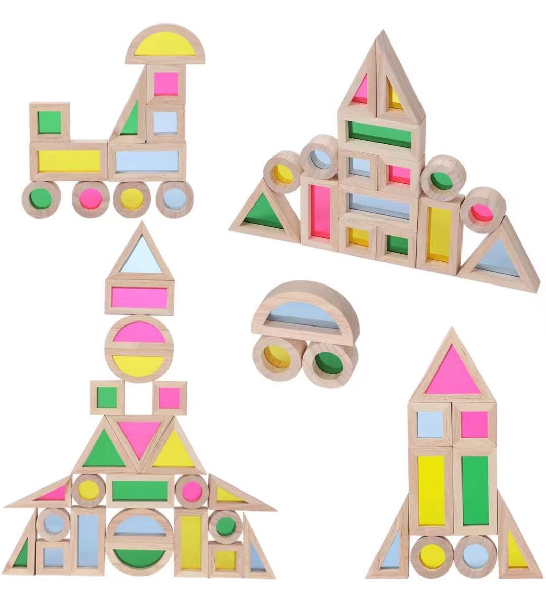 **Pre-order (Ships in 2-3 Weeks)**24 Pcs Rainbow Acrylic Sensory Wooden Building Blocks