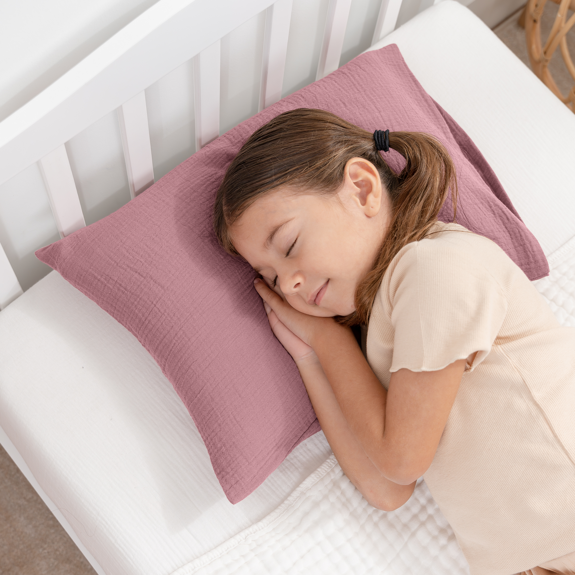 Toddler Pillows with Soft Muslin Pillow Case in Mauve