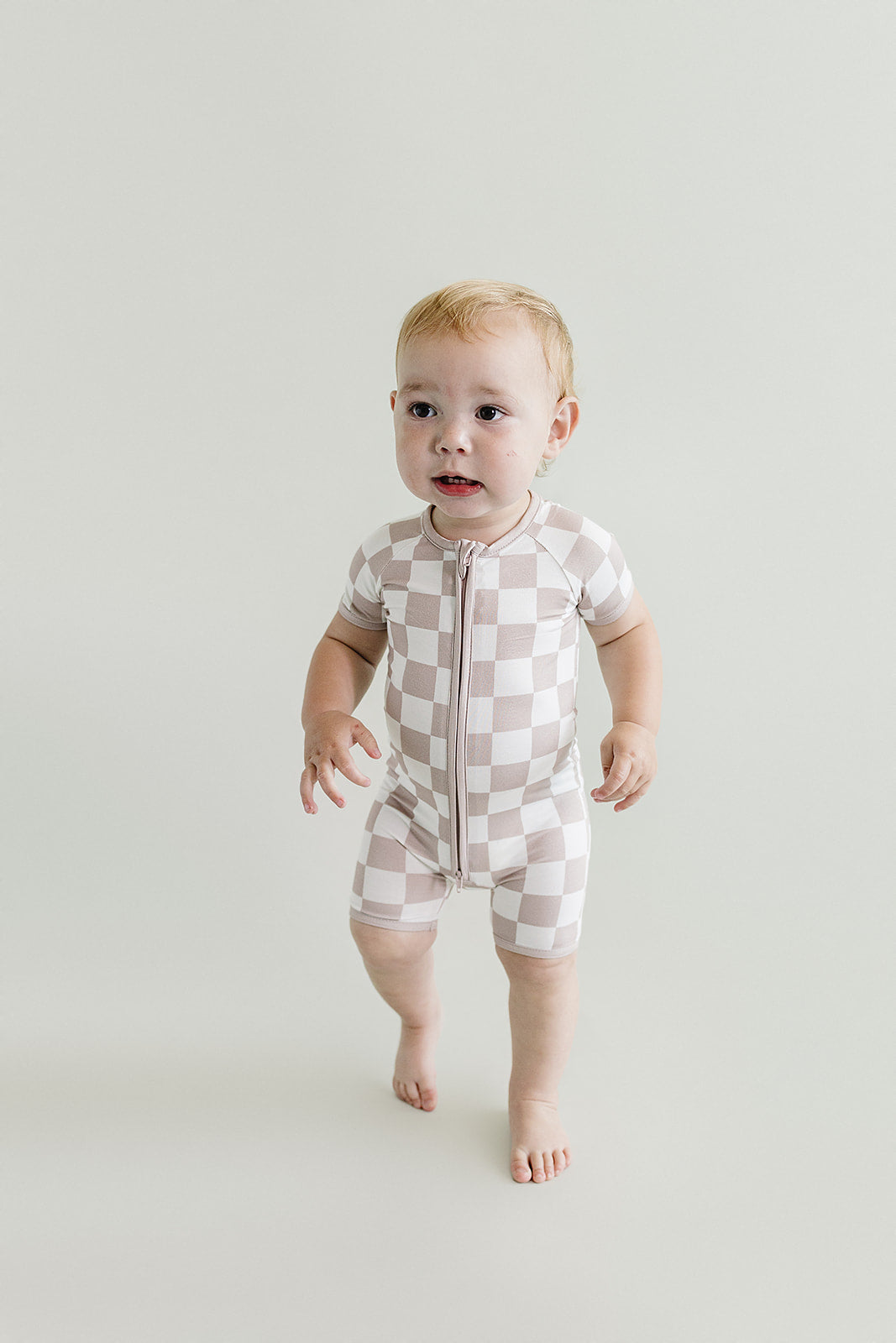 Bamboo Shorty Romper | Latte Checkered