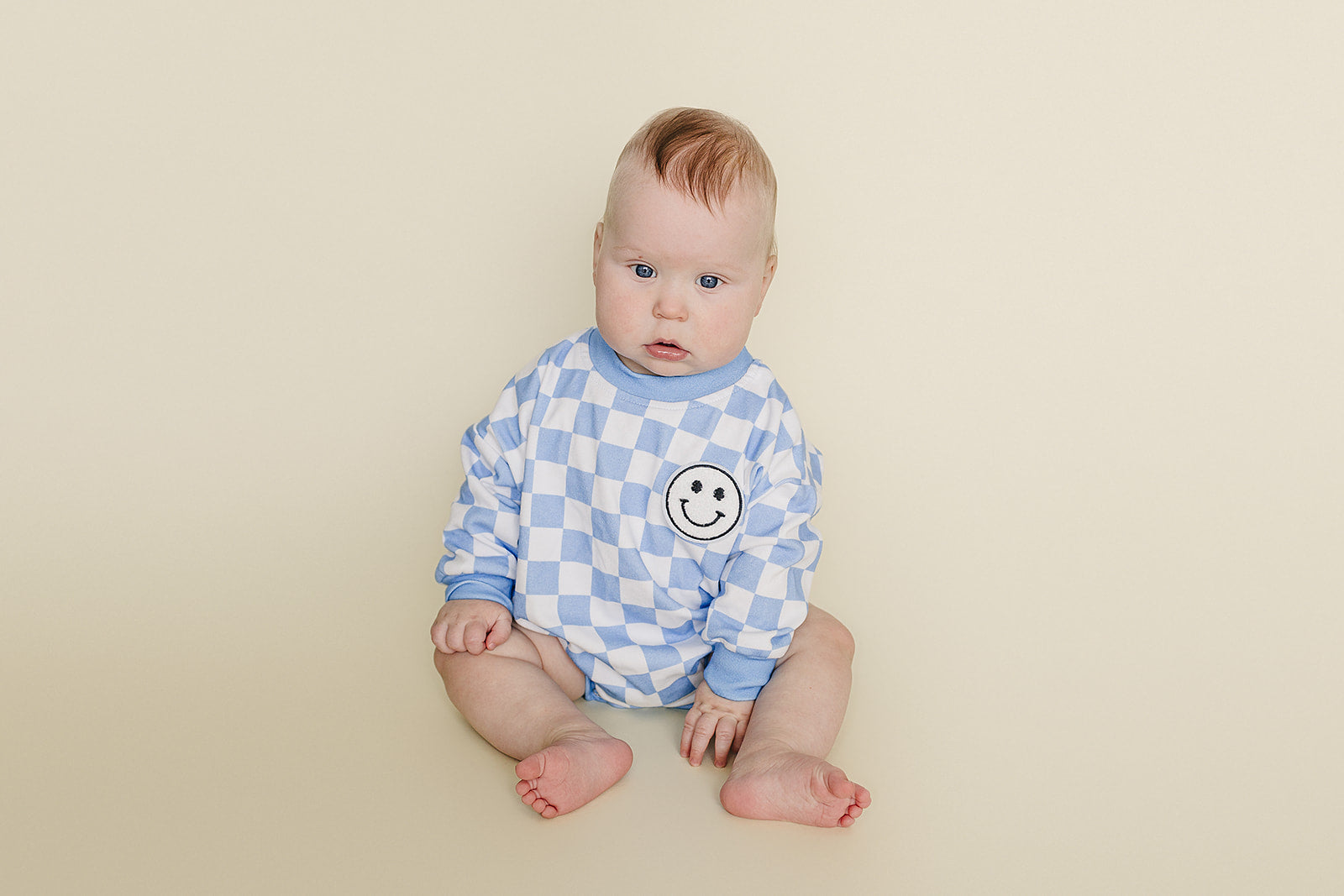 Bubble Romper | Checkered Smiley Blue