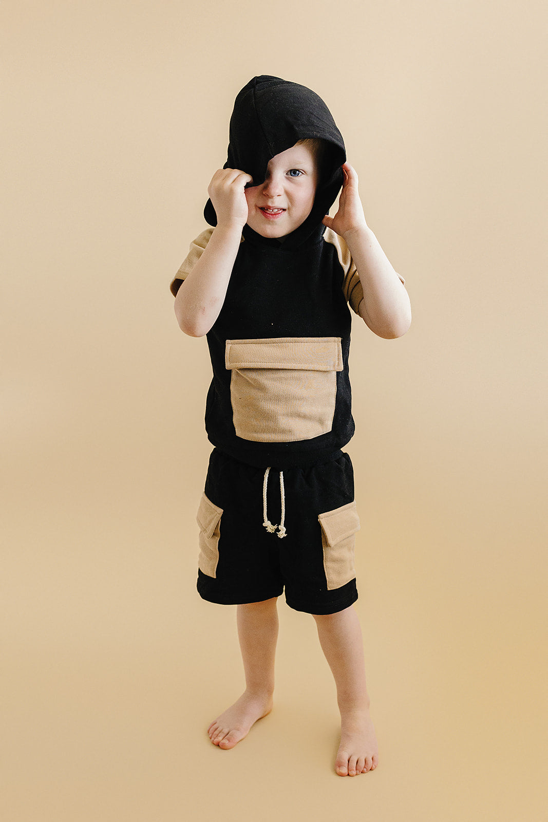 Terry Cargo Shorts Set | Black & Tan