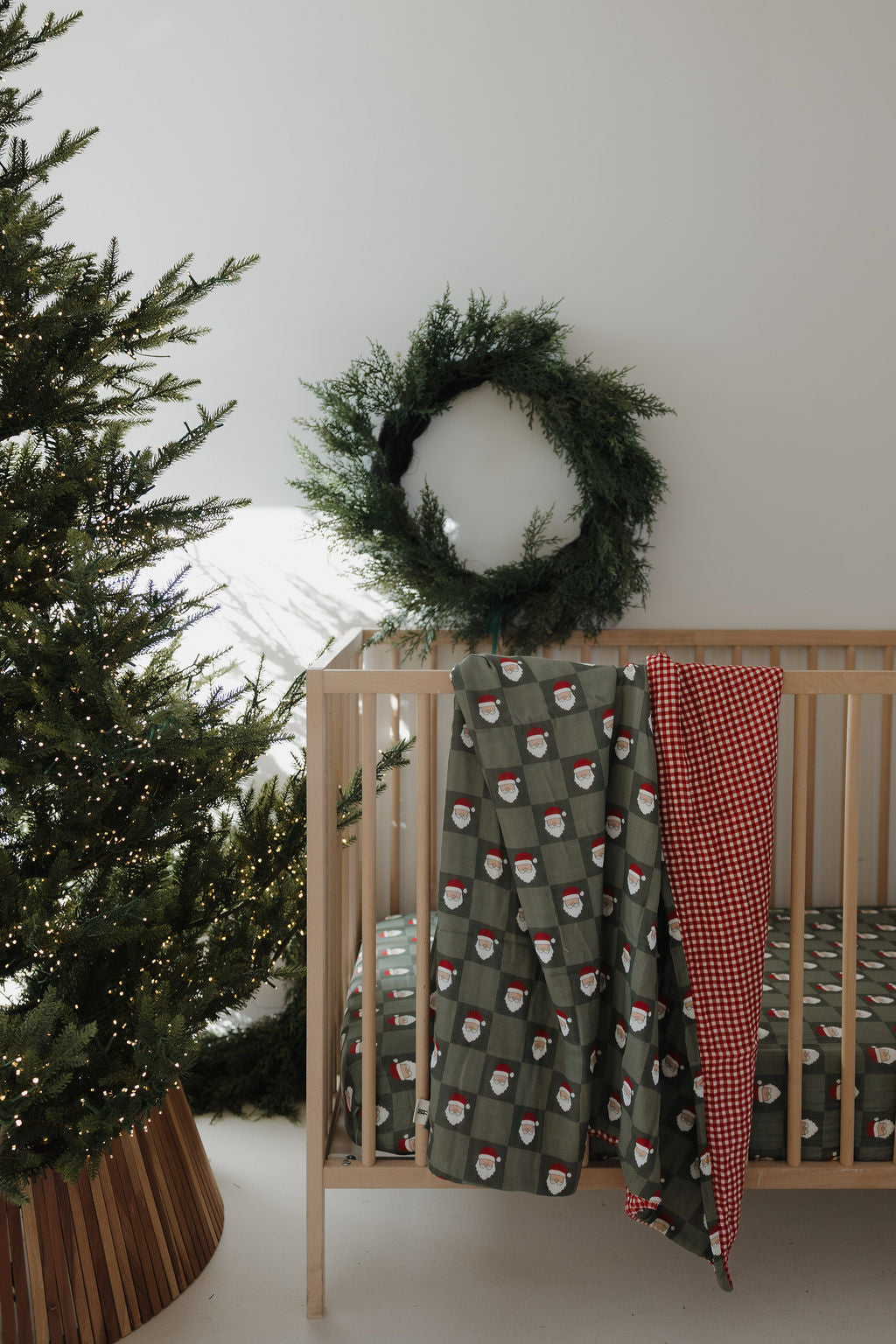 Muslin Crib Sheet | Santa Checkerboard