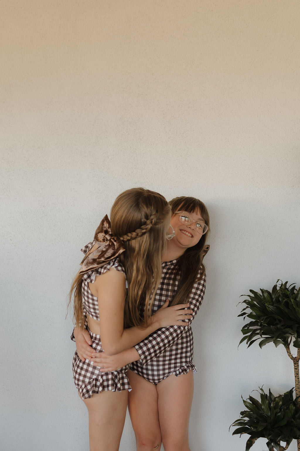 Girls Long Sleeve Swimsuit | Chocolate Gingham