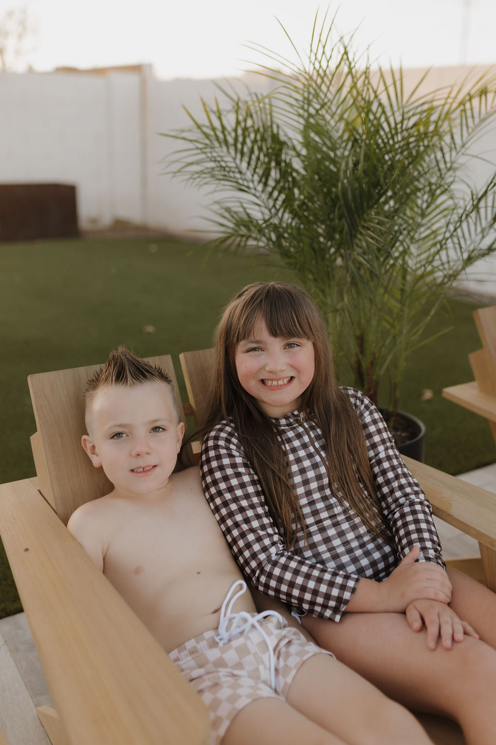 Girls Long Sleeve Swimsuit | Chocolate Gingham