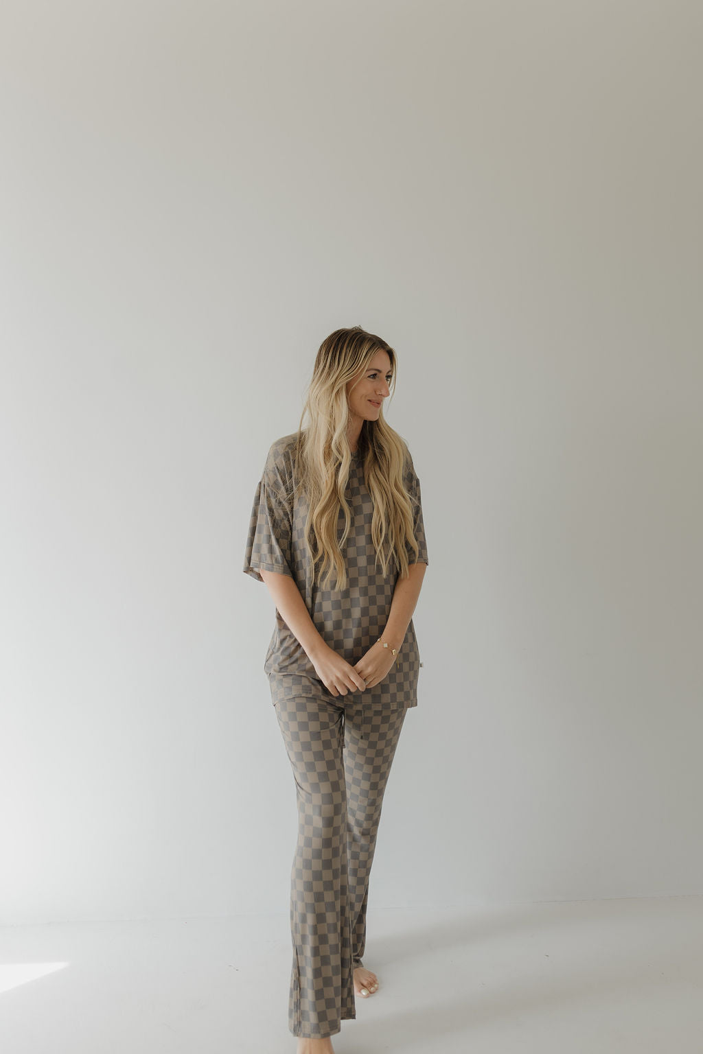 Short Sleeve Women's Bamboo Pajama | Faded Brown Checkerboard