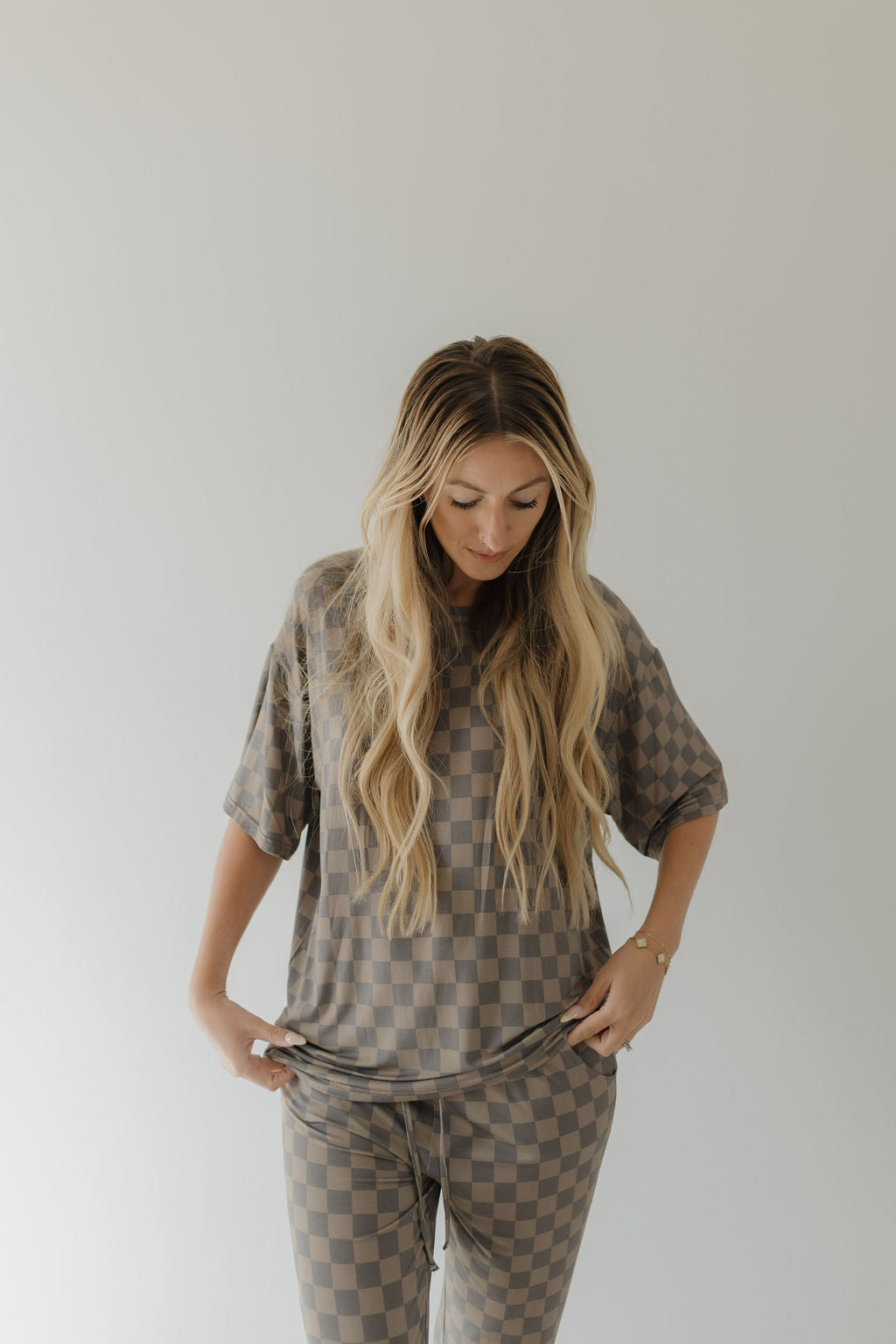 Short Sleeve Women's Bamboo Pajama | Faded Brown Checkerboard
