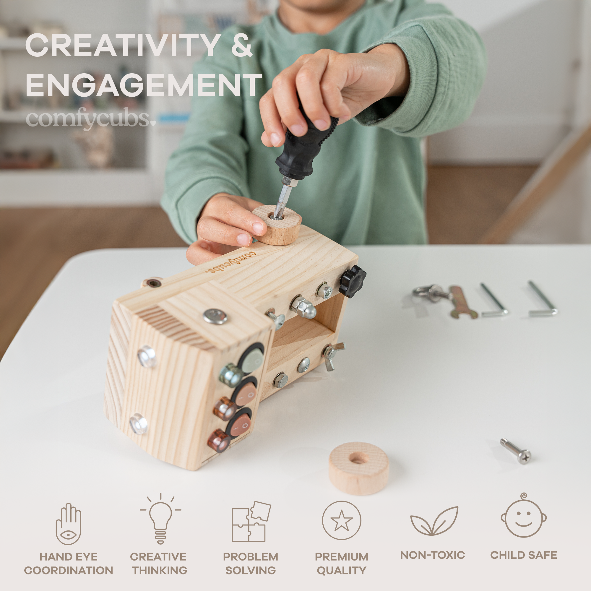 Busy Board Toy Truck Set for 3+ in Natural Wood