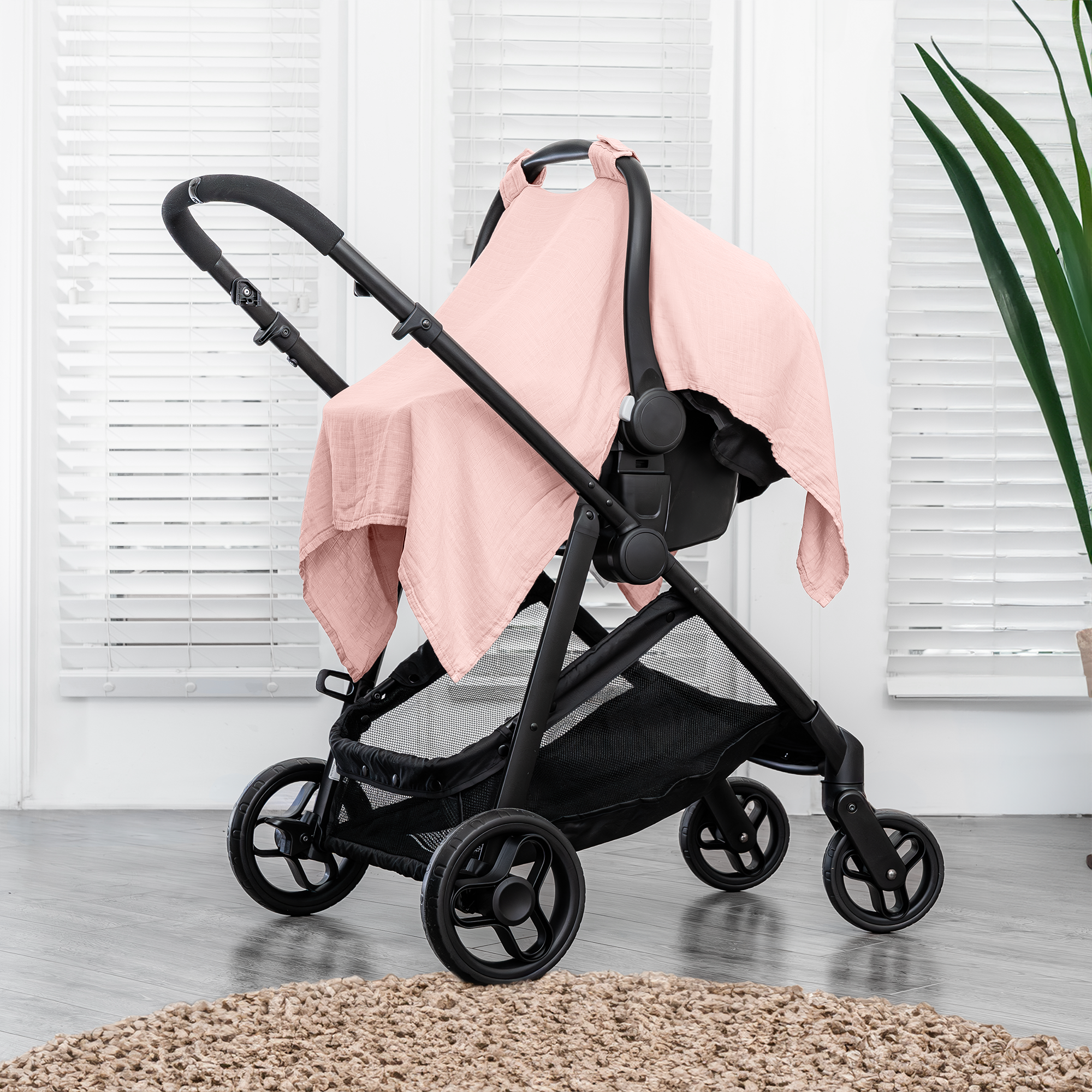 Muslin Baby Car Seat Cover by Comfy Cubs - Lace Pink