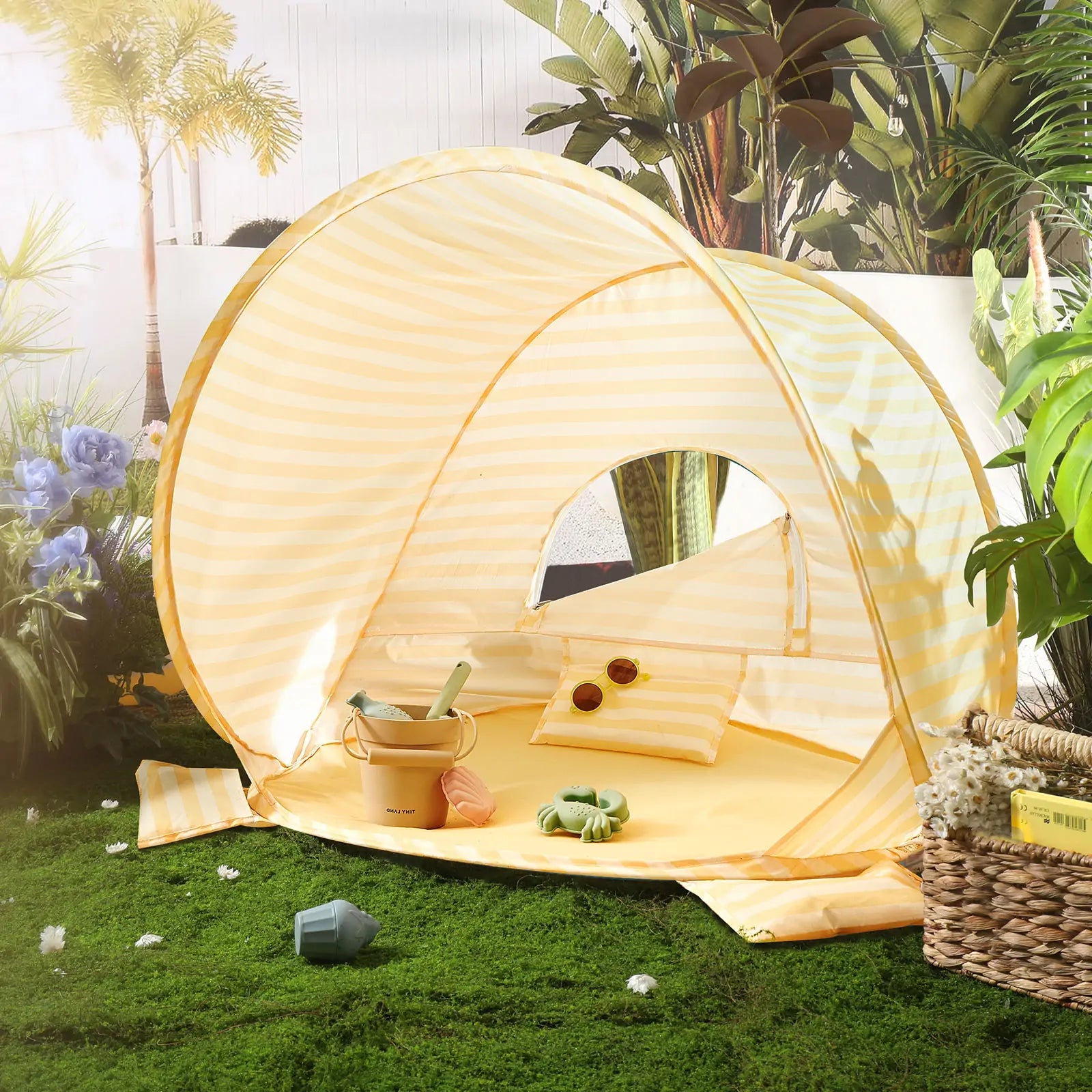Tiny Land® One-Stop Beach Toy & Tent Set – Pastel Yellow Stripes
