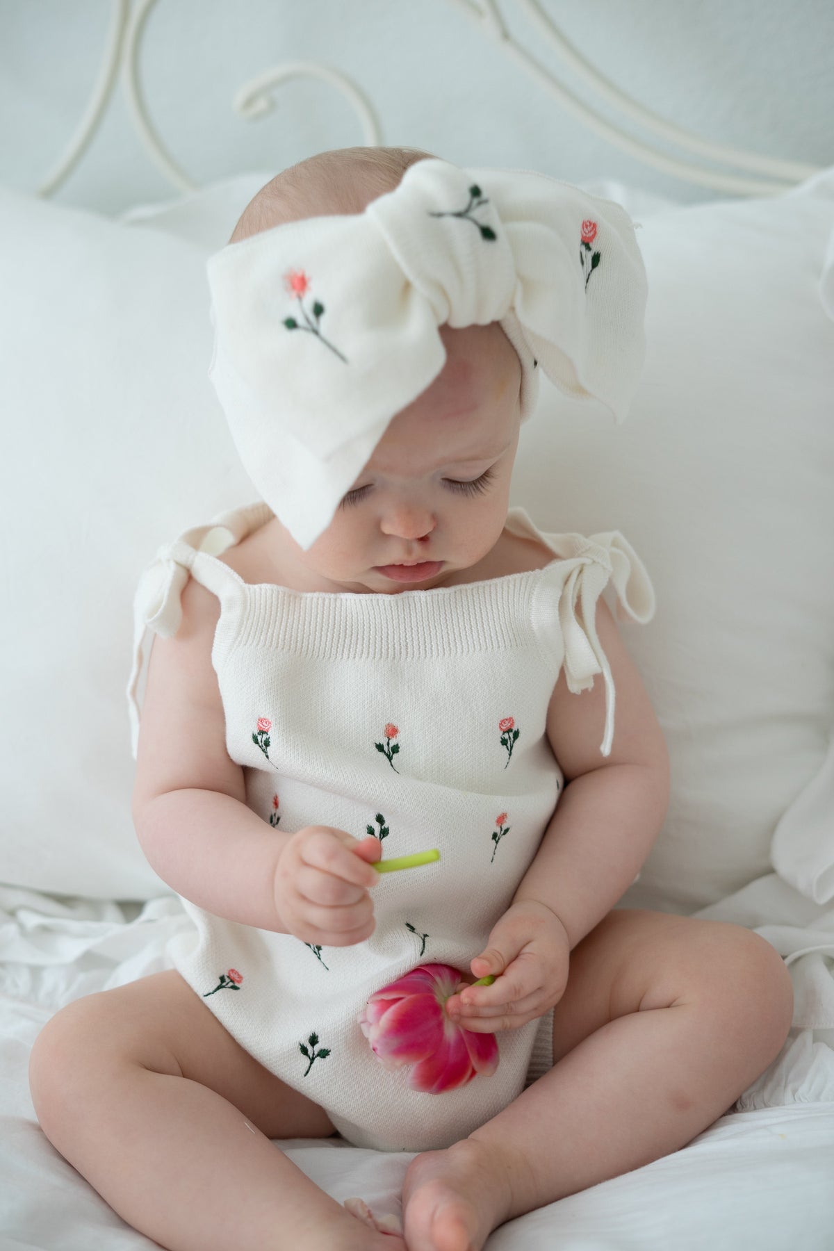 Floral Embroidery Romper + Bow - White