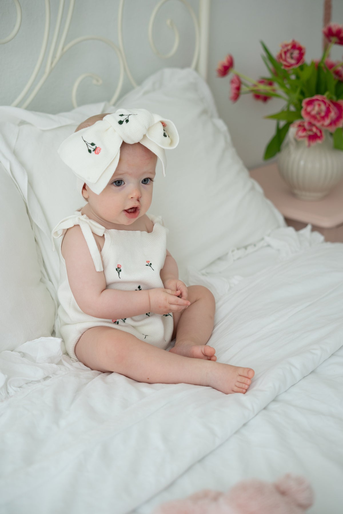 Floral Embroidery Romper + Bow - White
